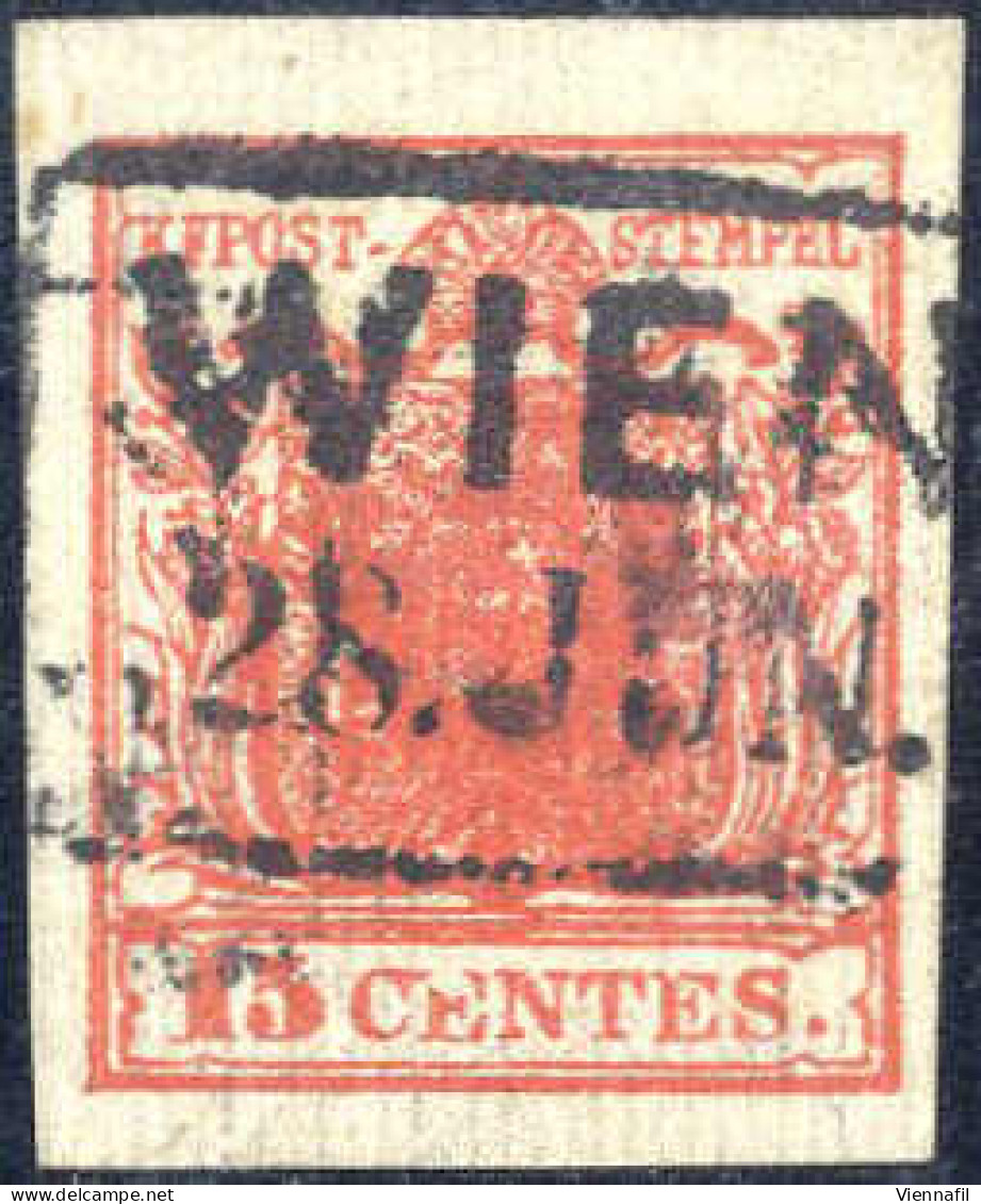 O 1850, 15 Cent Rosso Vermiglio Intenso I° Tipo Con Decalco, Carta Costolata, Annullato "WIEN 28. Juni", Raro Uso Di Fra - Lombardy-Venetia