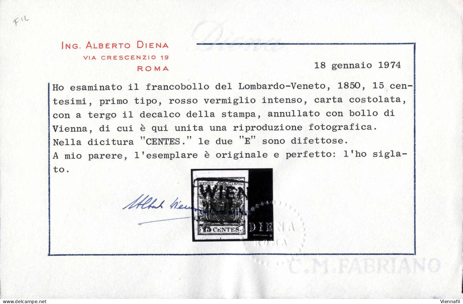O 1850, 15 Cent Rosso Vermiglio Intenso I° Tipo Con Decalco, Carta Costolata, Annullato "WIEN 28. Juni", Raro Uso Di Fra - Lombardije-Venetië