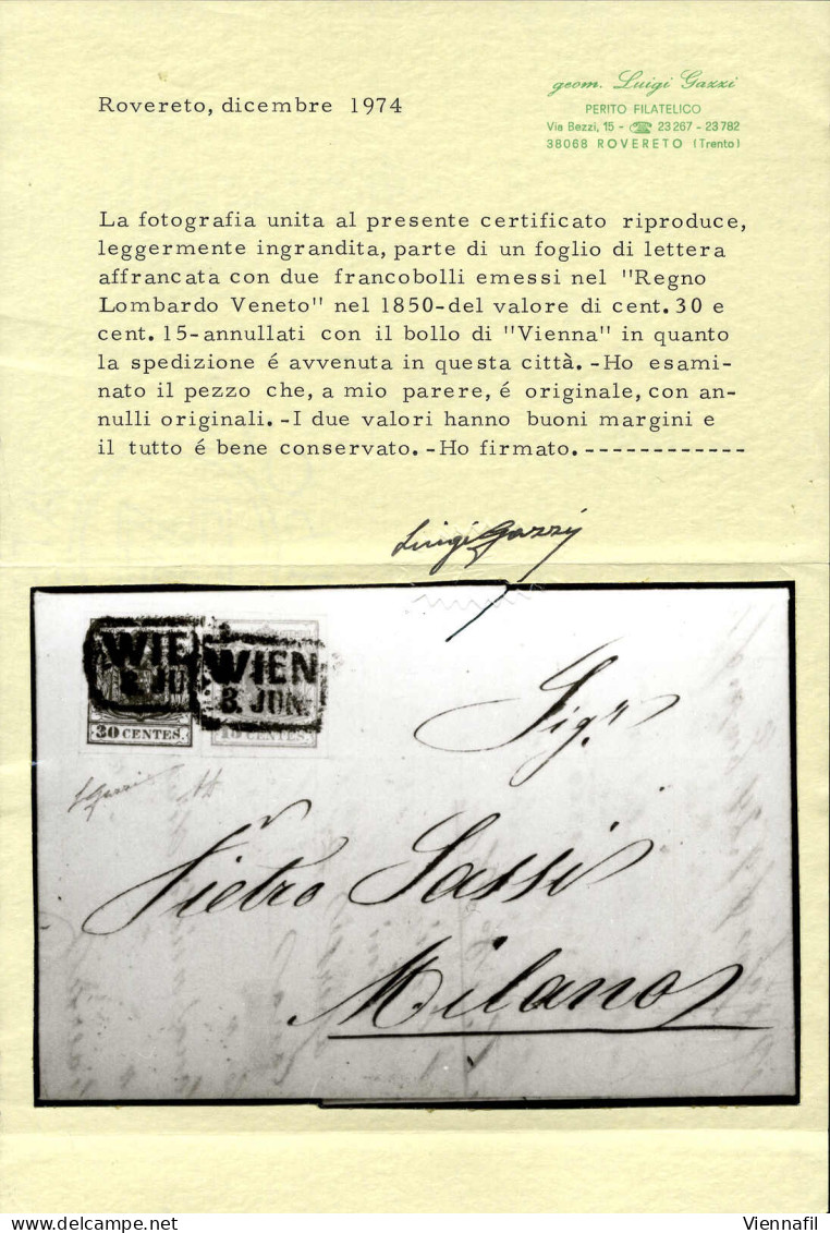 Cover 1852, 15 Cent II° Tipo E 30 Cent I° Tipo Su Lettera Spedita Da "WIEN 3. Juni" A Milano, Raro Uso Di Francobolli De - Lombardo-Vénétie