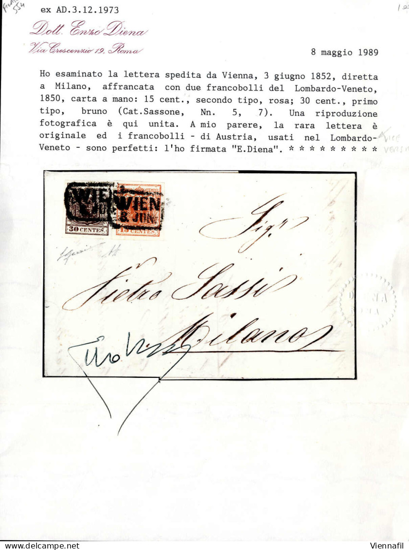 Cover 1852, 15 Cent II° Tipo E 30 Cent I° Tipo Su Lettera Spedita Da "WIEN 3. Juni" A Milano, Raro Uso Di Francobolli De - Lombardo-Venetien