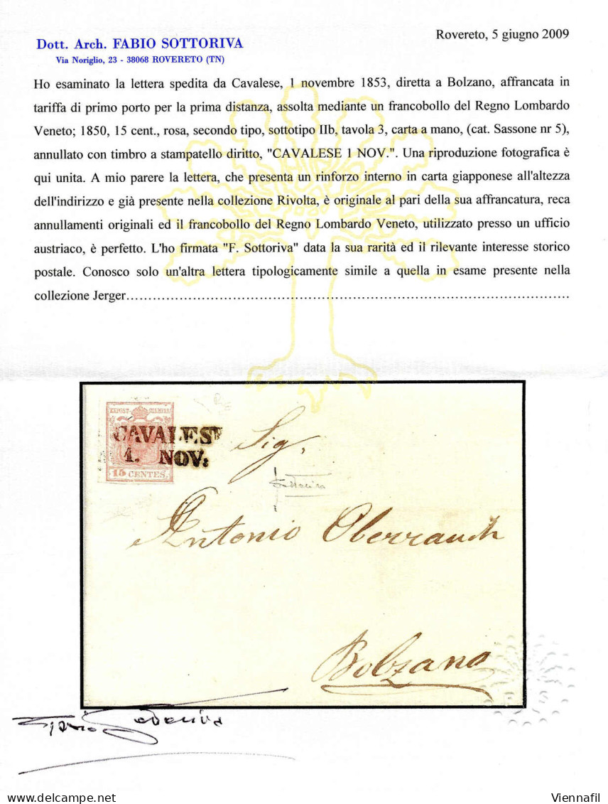 Cover 1851, 15 Cent II° Tipo, Carta A Mano, Su Lettera Da "CAVALESE 1.NOV" Spedita A Bolzano, Raro Uso Di Francobolli De - Lombardije-Venetië