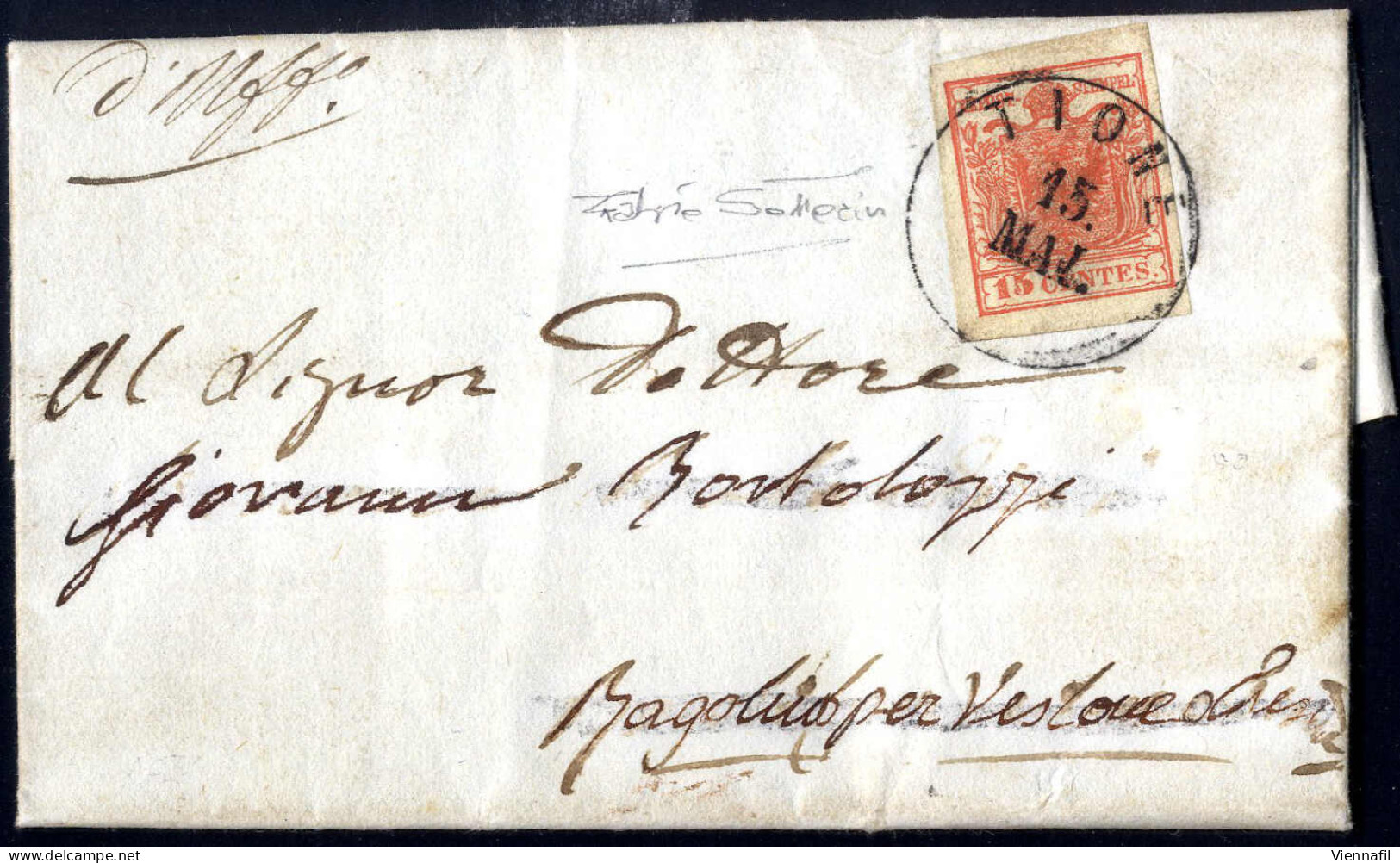 Cover 1851, 15 Cent II° Tipo, Carta A Mano, Su Lettera Da "TIONE 15 MAI" Spedita A Bagolino, Raro Uso Di Francobolli Del - Lombardy-Venetia
