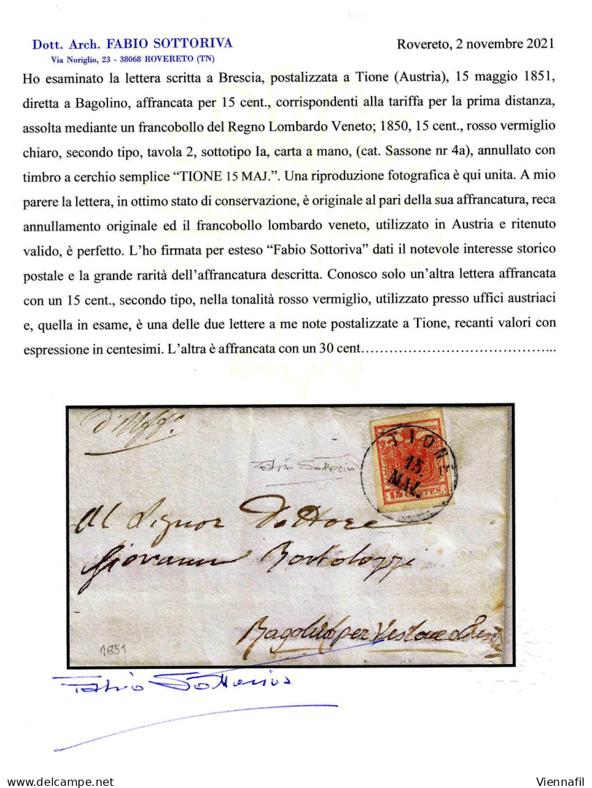 Cover 1851, 15 Cent II° Tipo, Carta A Mano, Su Lettera Da "TIONE 15 MAI" Spedita A Bagolino, Raro Uso Di Francobolli Del - Lombardo-Venetien