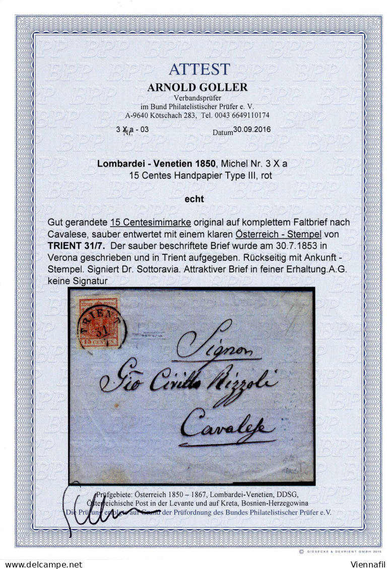 Cover 1853, 15 Cent III° Tipo, Carta A Mano, Su Lettera Scritta A Verona E Consegnata A "TRIENT 31/7" Spedita A Cavalese - Lombardije-Venetië