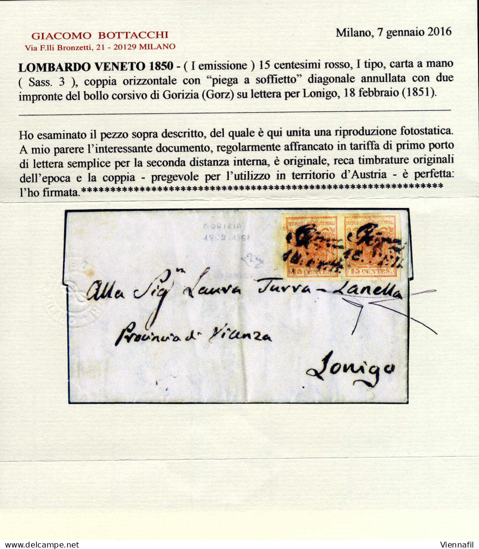 Cover 1851, Coppia Del 15 Cent I° Tipo Su Lettera Spedita Da "GÖRZ 18 FEB" A Lonigo, Raro Uso Di Francobolli Del Lombard - Lombardy-Venetia