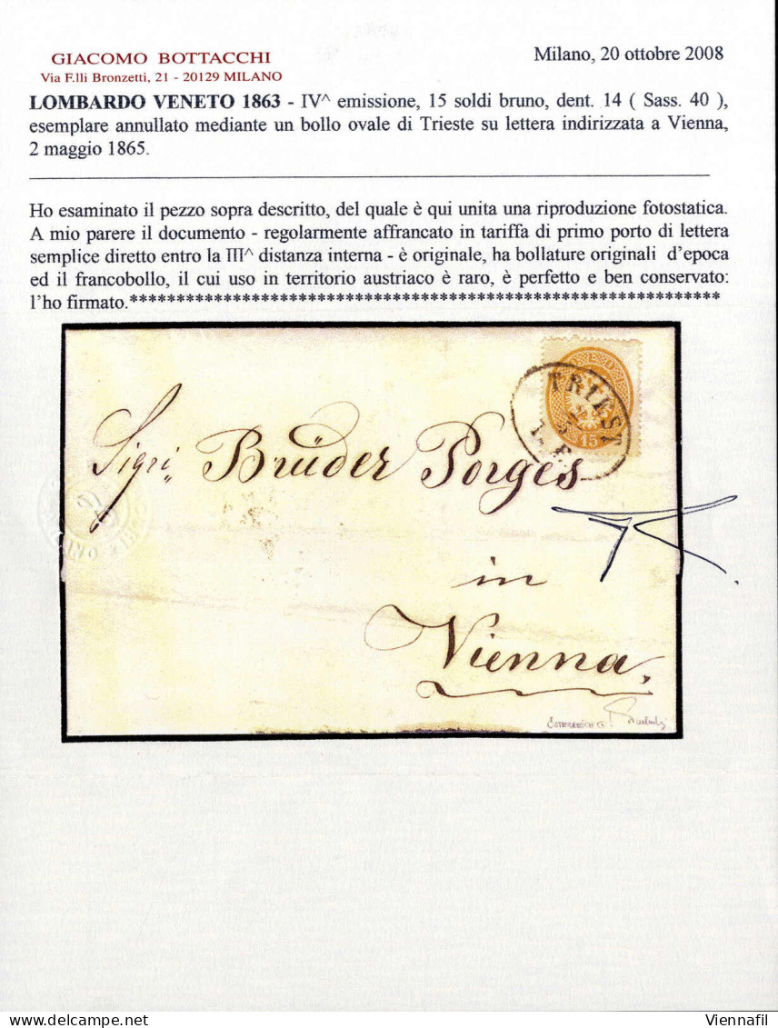 Cover 1863, 15 Soldi Su Lettera Spedita Da "TRIEST 2/5 / / - F" A Vienna, Raro Uso Di Francobolli Del Lombardo-Veneto In - Lombardije-Venetië