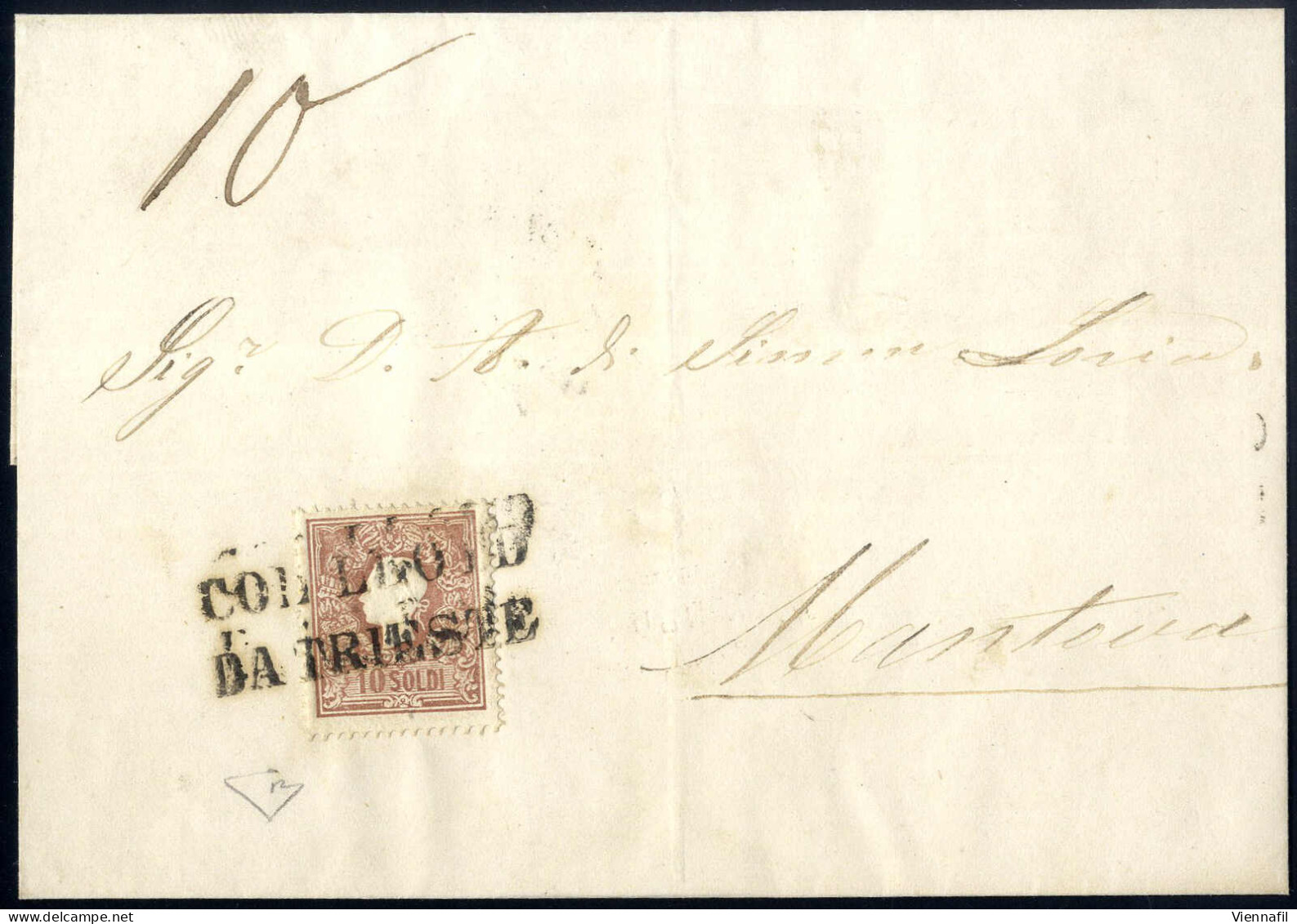 Cover 1858, Lettera Affrancata Con 10 Soldi I° Tipo Annullata "COL LLOYD / DA TRIESTE" Spedita A Mantova, Raro Uso Di Fr - Altri & Non Classificati