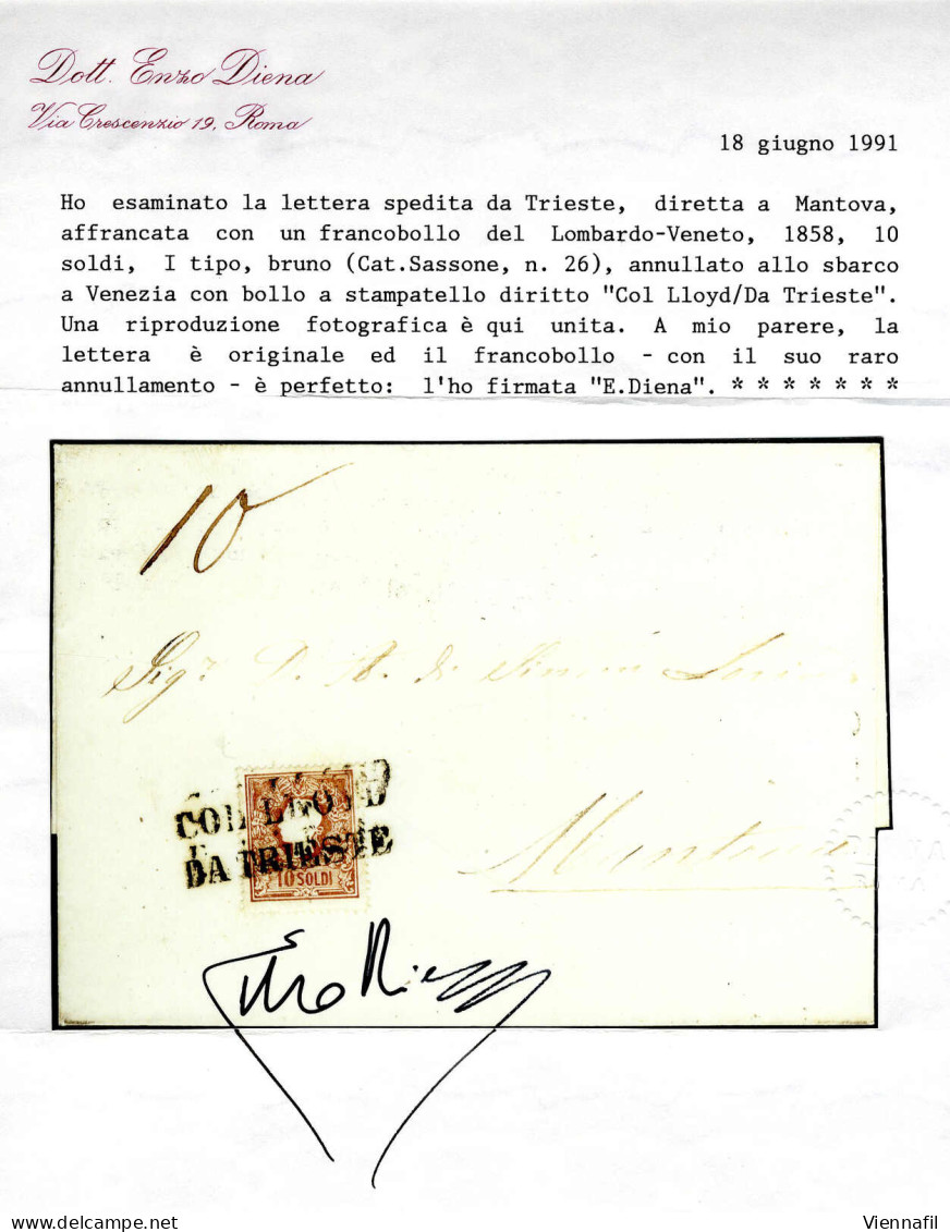 Cover 1858, Lettera Affrancata Con 10 Soldi I° Tipo Annullata "COL LLOYD / DA TRIESTE" Spedita A Mantova, Raro Uso Di Fr - Otros & Sin Clasificación