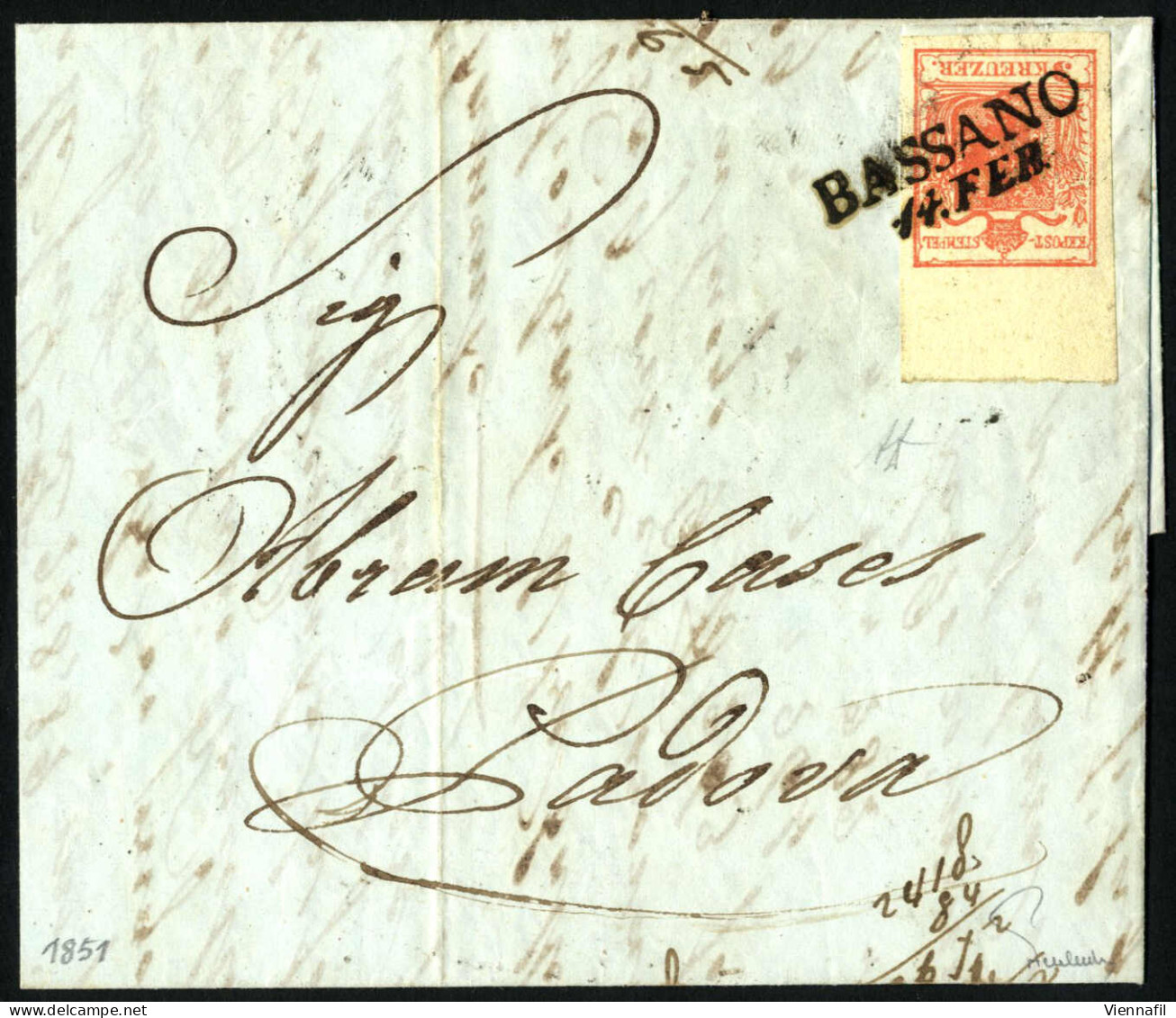 Cover 1850, 3 Kreuzer (I°tipo, Carta A Mano) Con Bordo Di Foglio Di 11mm Su Lettera Da "BASSANO 14 FEB" (annullo SD) A P - Lombardo-Venetien