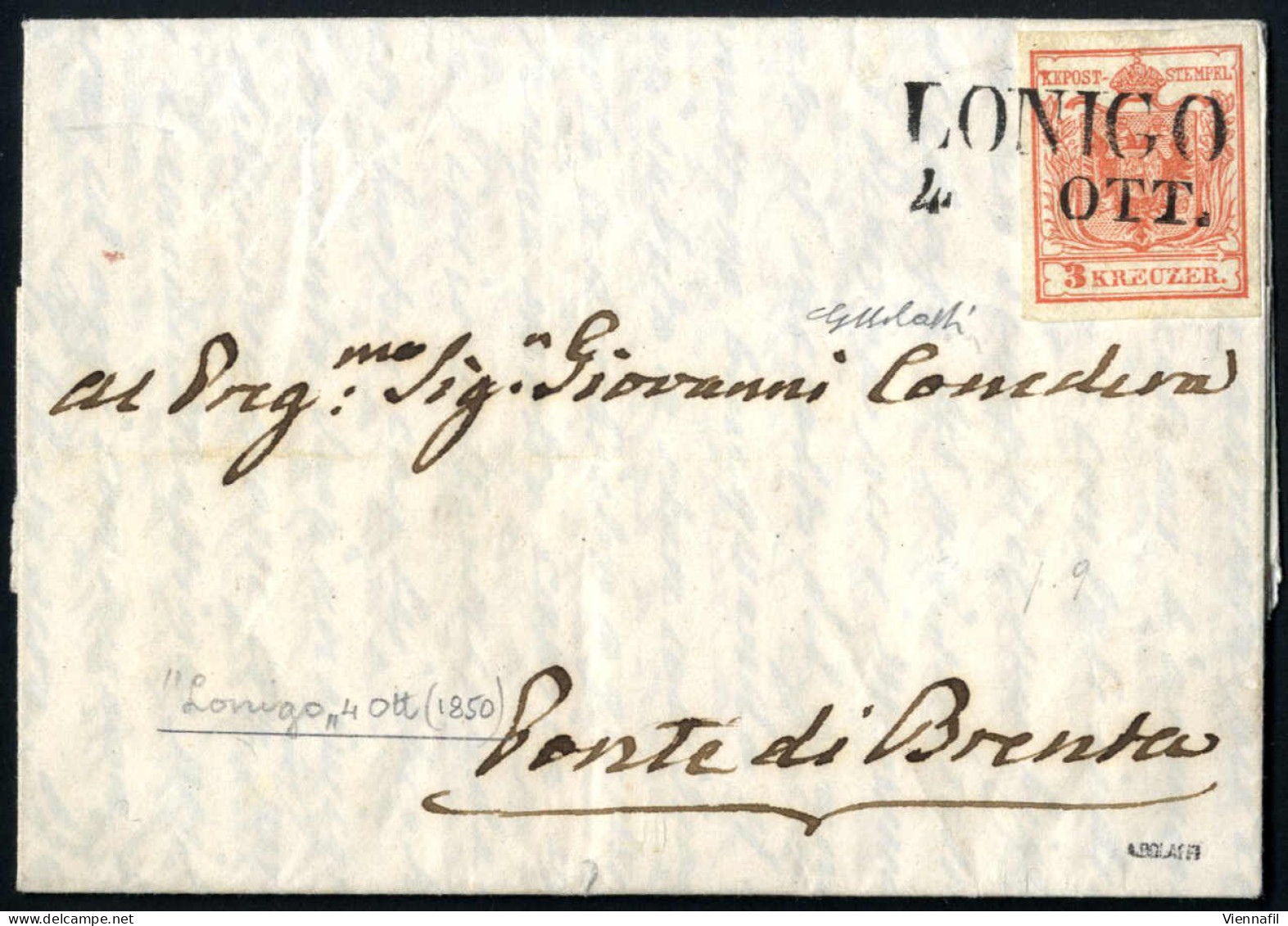 Cover 1850, 3 Kreuzer (I°tipo, Carta A Mano) Su Lettera Da "LONIGO 4 OTT" (annullo SD) A Ponte Di Brenta, Raro Uso Di Fr - Lombardo-Venetien