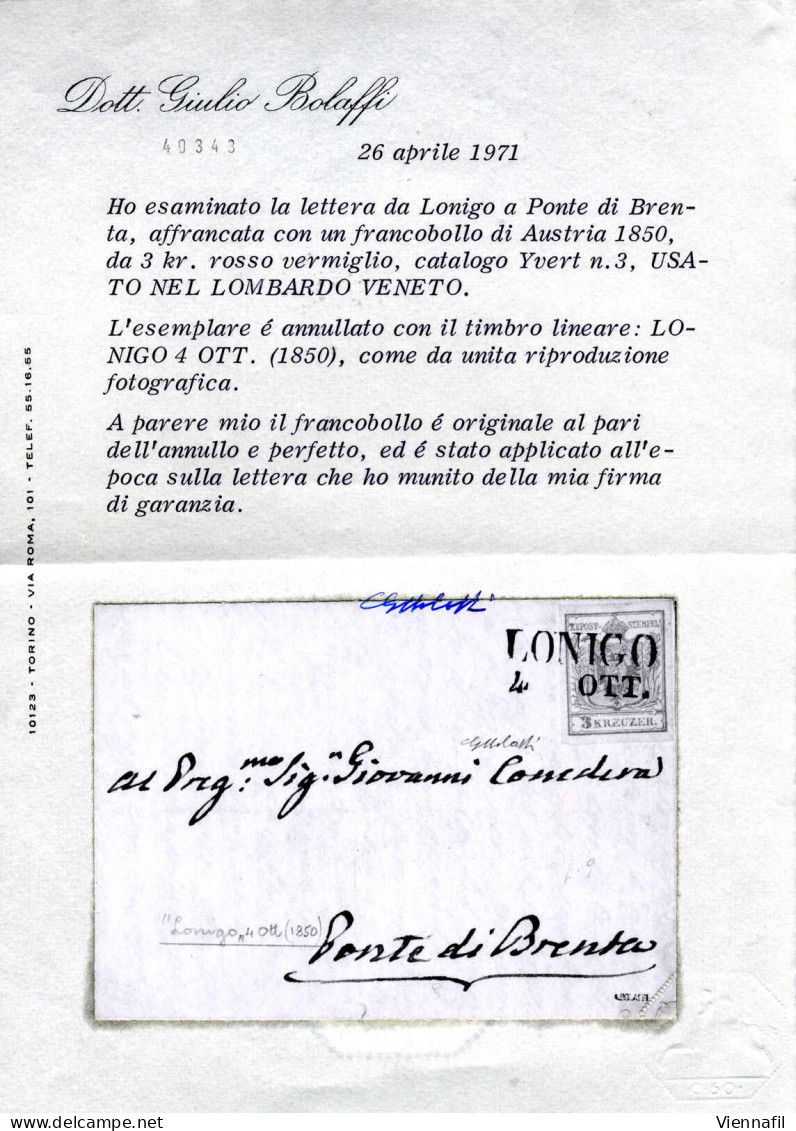 Cover 1850, 3 Kreuzer (I°tipo, Carta A Mano) Su Lettera Da "LONIGO 4 OTT" (annullo SD) A Ponte Di Brenta, Raro Uso Di Fr - Lombardo-Venetien