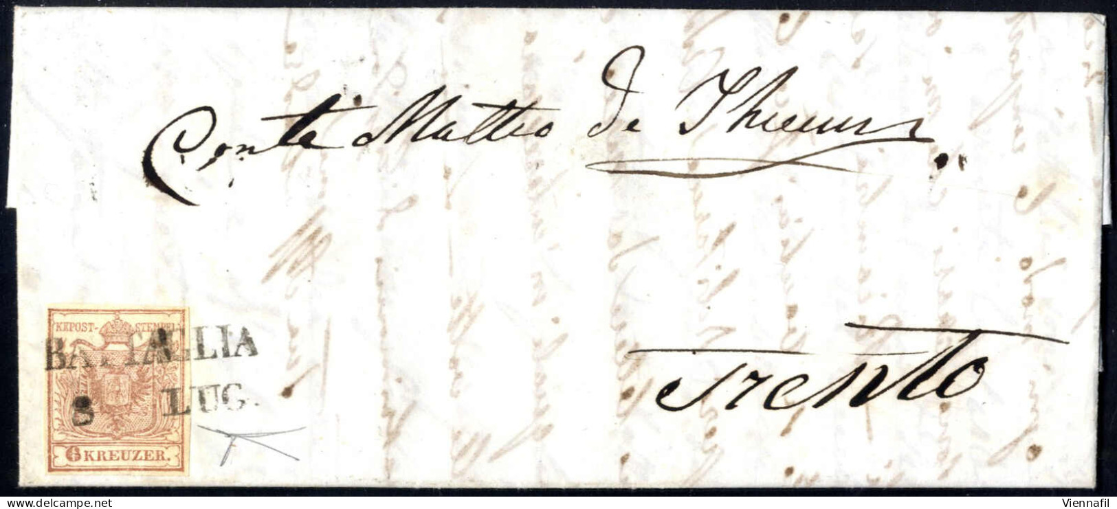 Cover 1850, 6 Kreuzer (I°tipo) Bruno Rossiccio Carta A Mano Su Lettera Da "BATTAGLIA 8 LUG" (annullo SD) A Trento, Raro  - Lombardo-Vénétie