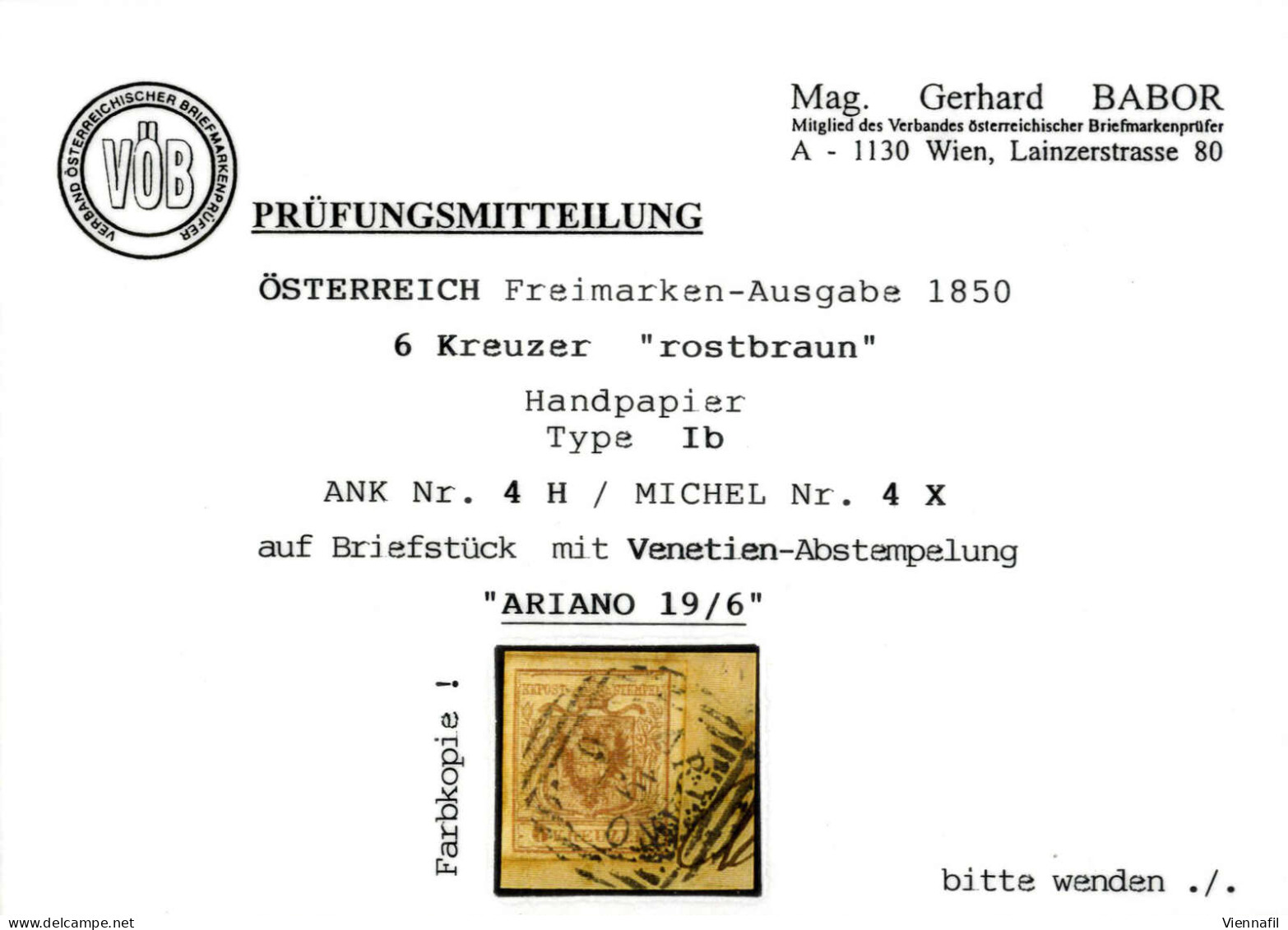 Piece 1850, 6 Kreuzer (I°tipo) Su Frammento "ARIANO 19/6" (annullo LOV), Raro Uso Di Francobolli Austriaci In Lombardo-V - Lombardije-Venetië