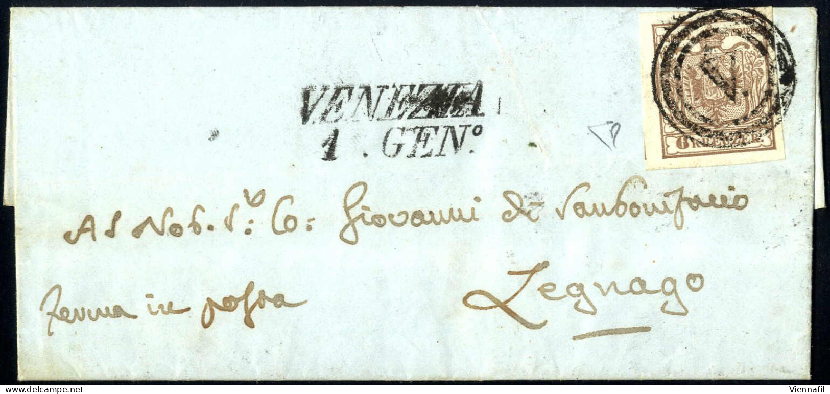 Cover 1850, 6 Kreuzer (I°tipo, Carta A Mano) Su Lettera Da "VENEZIA 1. GEN" (annullo M+SI) Con Il Bollo Muto A Legnago,  - Lombardy-Venetia