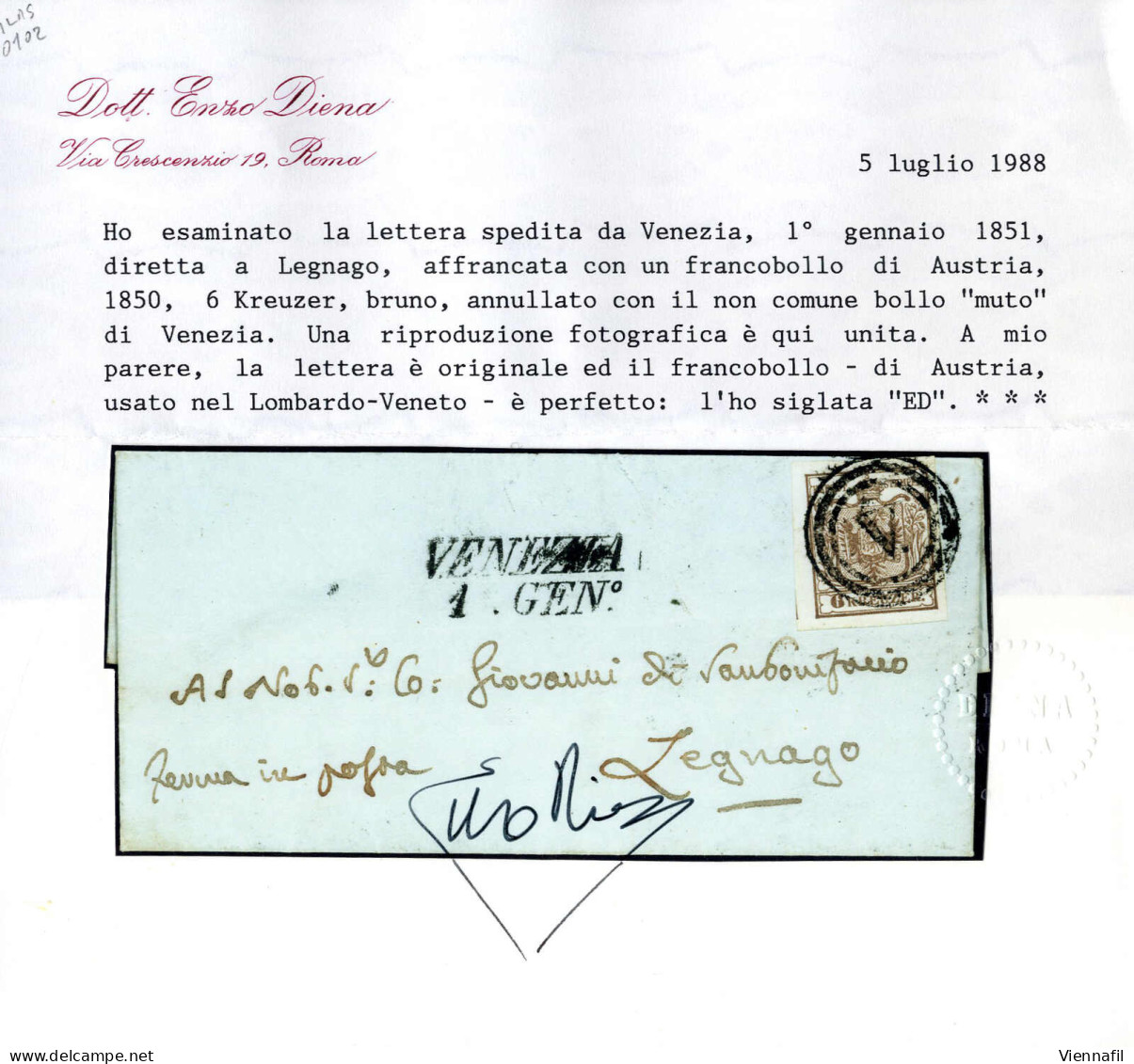 Cover 1850, 6 Kreuzer (I°tipo, Carta A Mano) Su Lettera Da "VENEZIA 1. GEN" (annullo M+SI) Con Il Bollo Muto A Legnago,  - Lombardy-Venetia