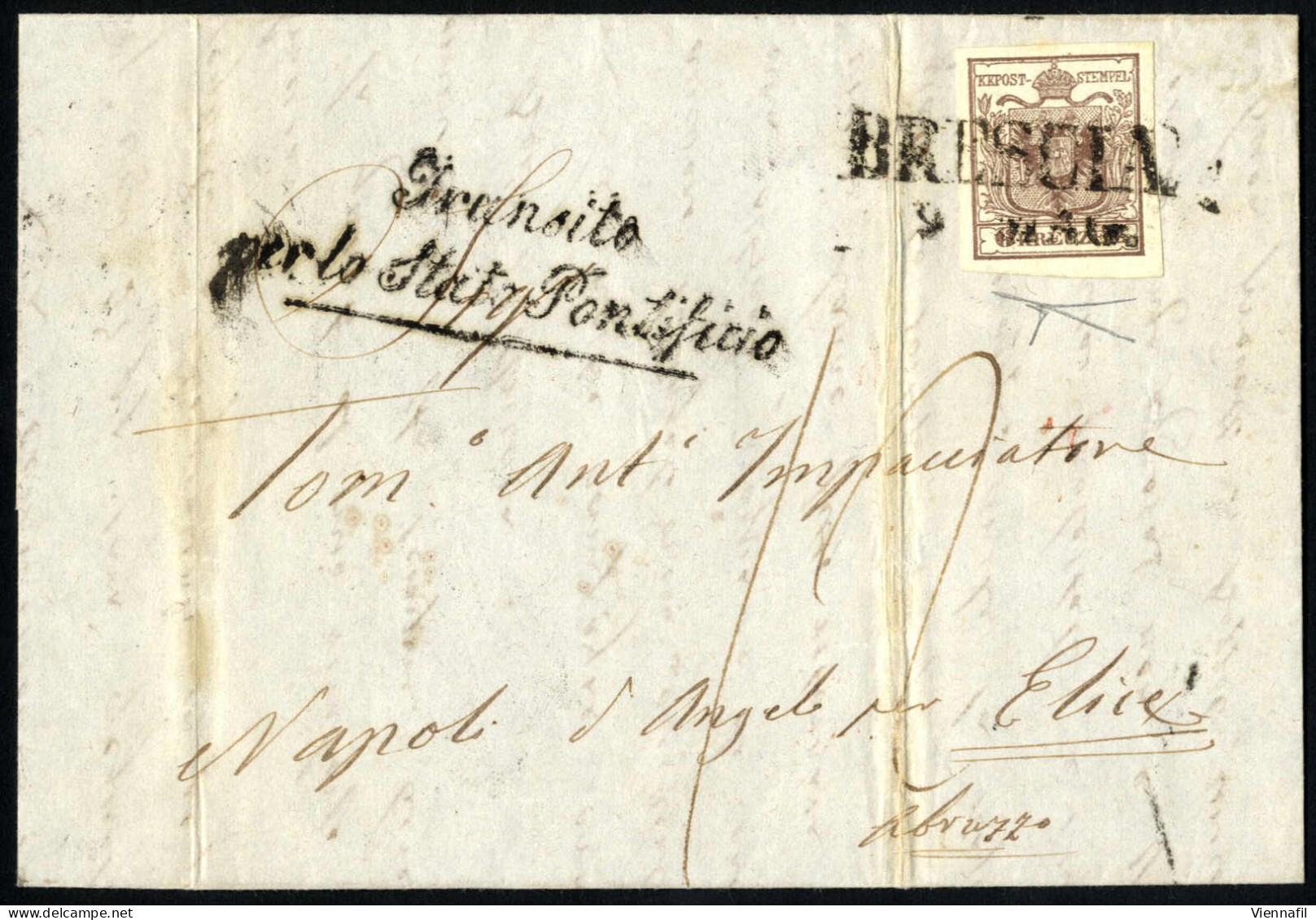 Cover 1850, 6 Kreuzer (I°tipo, Carta A Mano) Su Lettera Per L'estero Da "BRESCIA 9 MAG" (annullo SD) A Elice / Regno Di  - Lombardy-Venetia