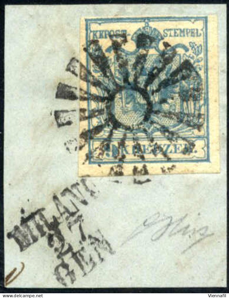 Piece 1850, 9 Kreuzer (I°tipo, Carta A Mano) Su Frammento Annullato Con Il Bollo Muto Di Milano (annullo M), Raro Uso Di - Lombardo-Vénétie