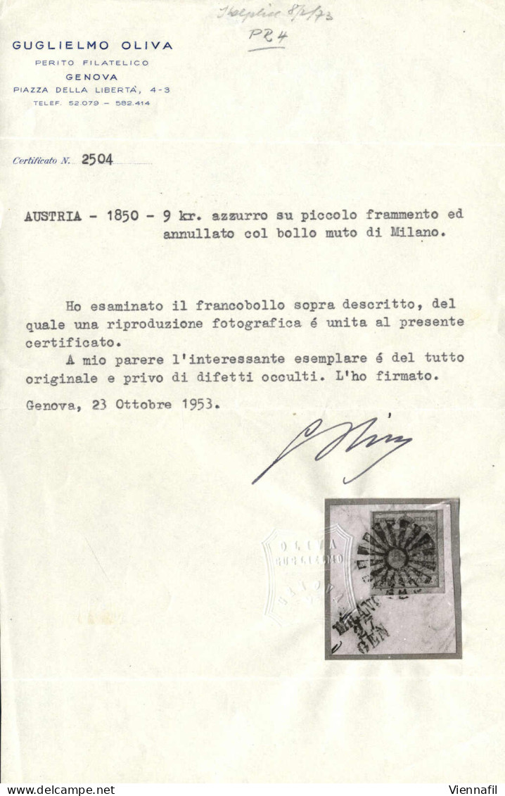 Piece 1850, 9 Kreuzer (I°tipo, Carta A Mano) Su Frammento Annullato Con Il Bollo Muto Di Milano (annullo M), Raro Uso Di - Lombardo-Venetien