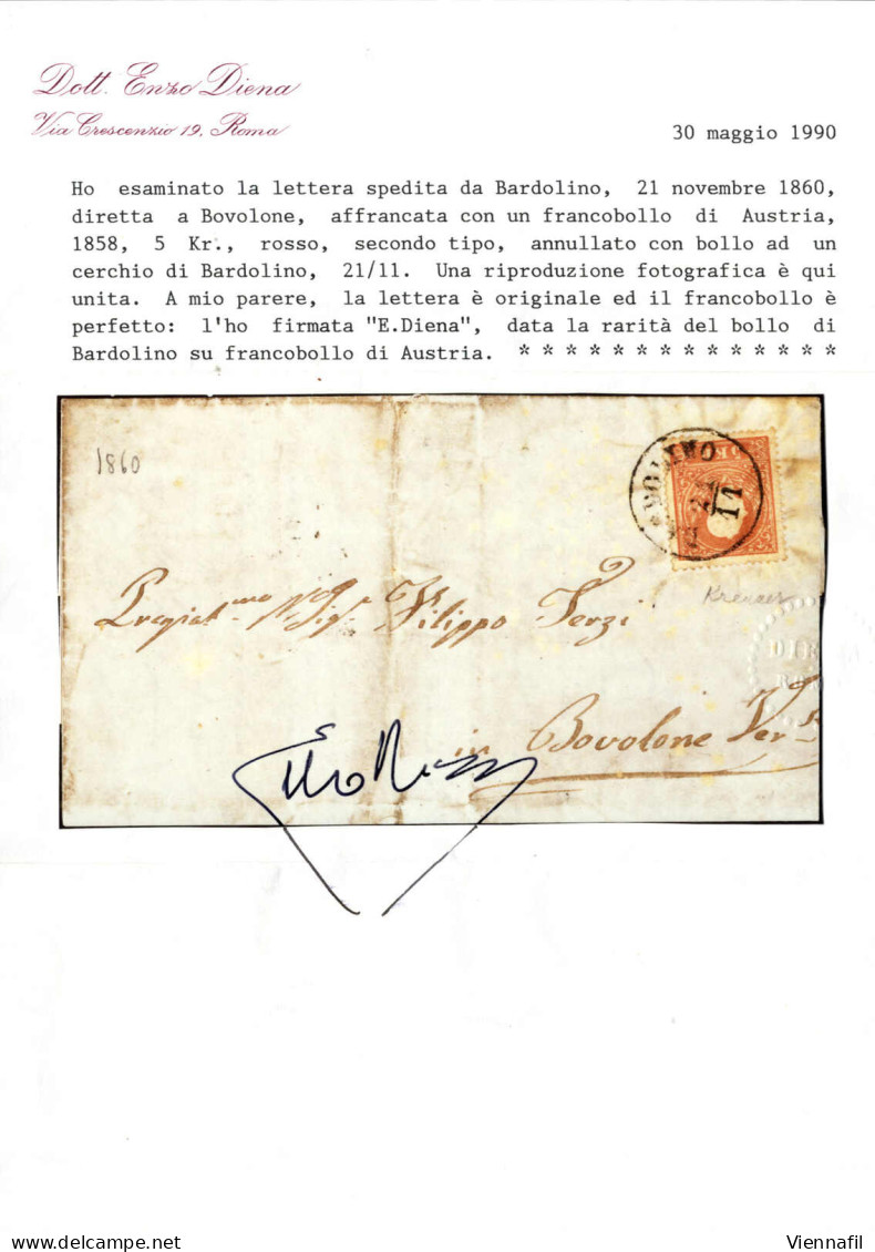 Cover 1858, 5 Kreuzer (II°tipo) Su Lettera Da "BARDOLINO 21/11" (annullo C1) A Bovolone, Raro Uso Di Francobolli Austria - Lombardije-Venetië
