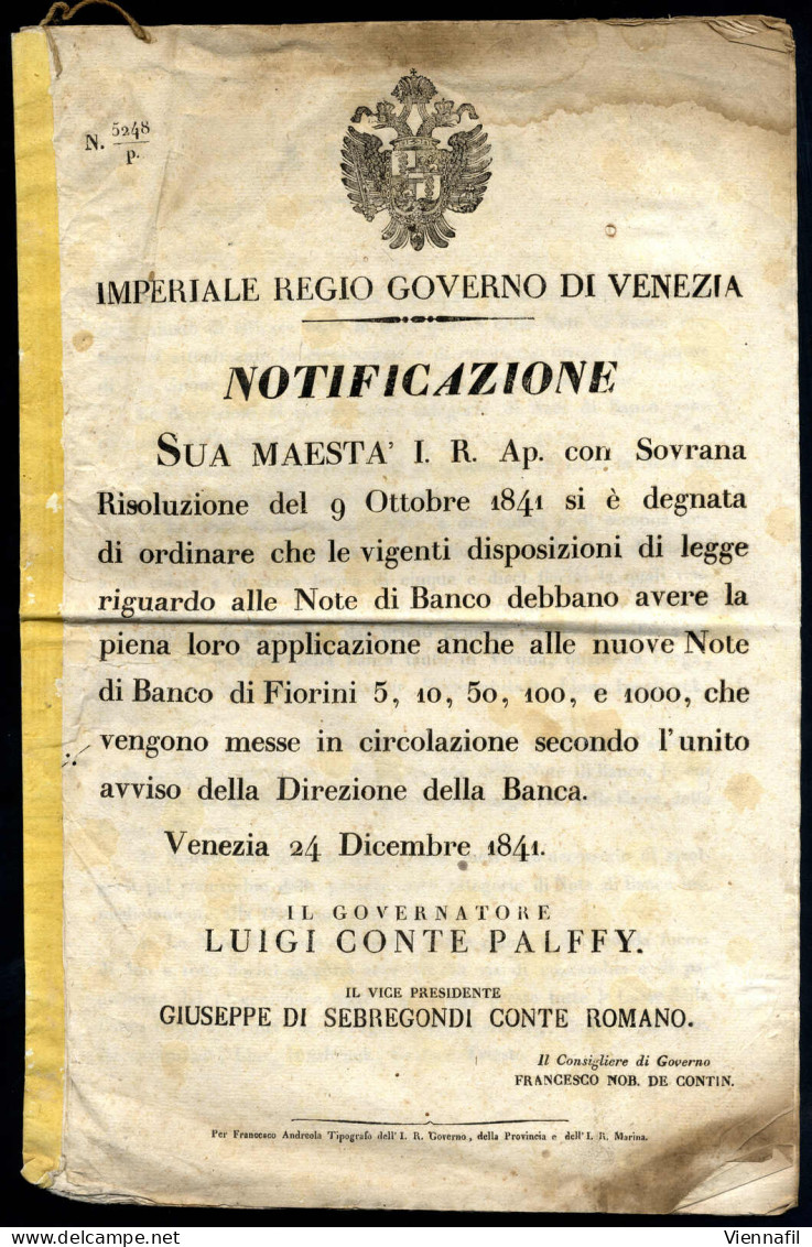 1841, Dekret Bezüglich Der Einführung Der Fünf Neuen Banknoten Vom Gouverneurs Von Venedig Graf Palffyin Venetien, Und Z - Oesterreich