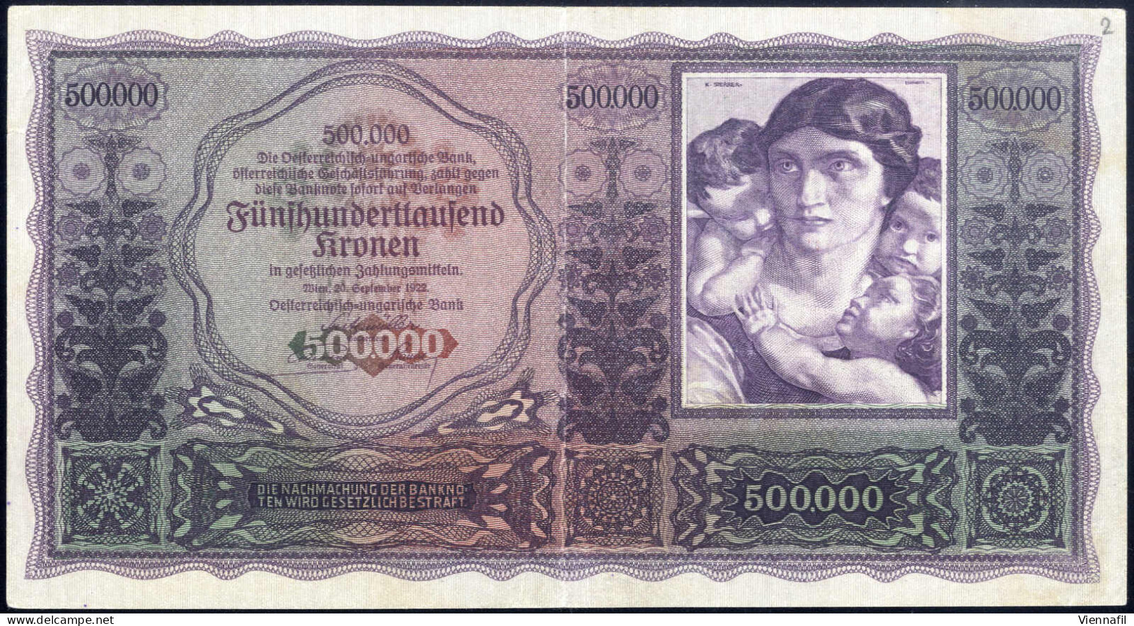 500000 Kronen, 1922, Vorzüglich (senkrecht Gefaltet), Richter 219 / R! - Oesterreich