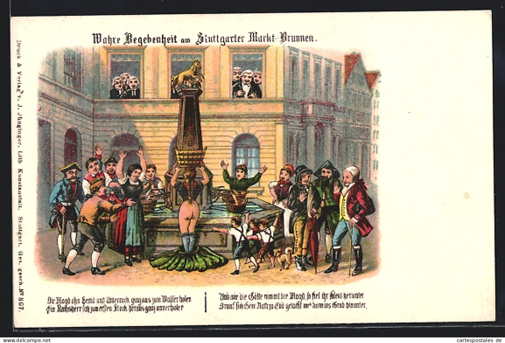 Lithographie Stuttgart, Historische Szene Am Marktbrunnen, Magd Ohne Hemd Und Unterrock  - Stuttgart