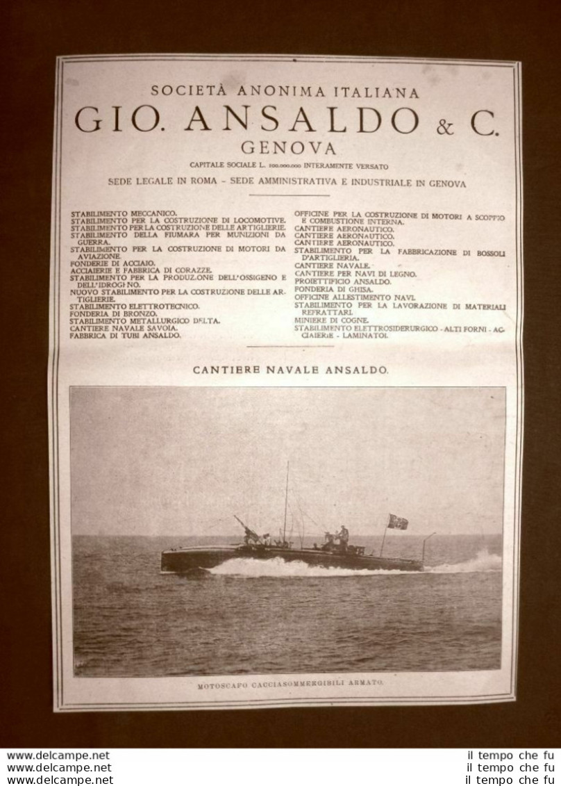 Officine Ansaldo Genova Motoscafo Cacciasommergibili Pubblicità Del 1918 - Other & Unclassified
