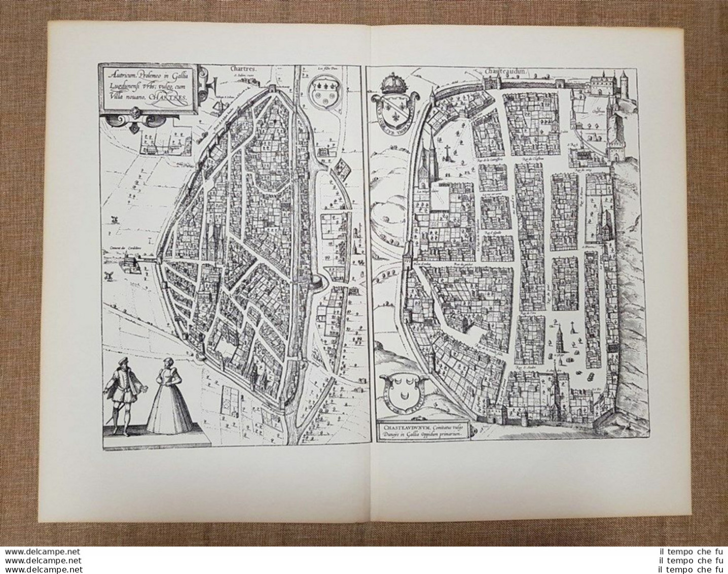 Veduta Delle Città Chartres E Chateaudun Francia 1588 Braun E Hogenberg Ristampa - Carte Geographique