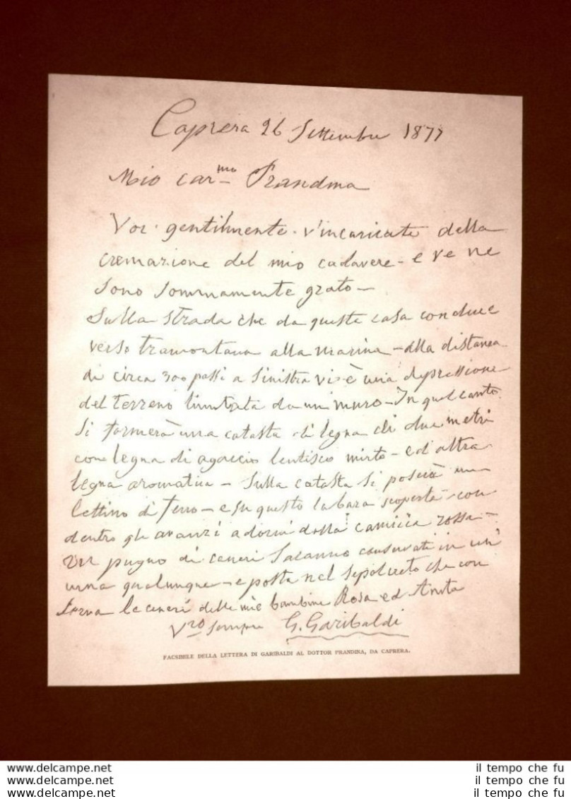 Fac Simile Di Lettera Di Giuseppe Garibaldi Al Dottor Prandina Del 1877 - Before 1900