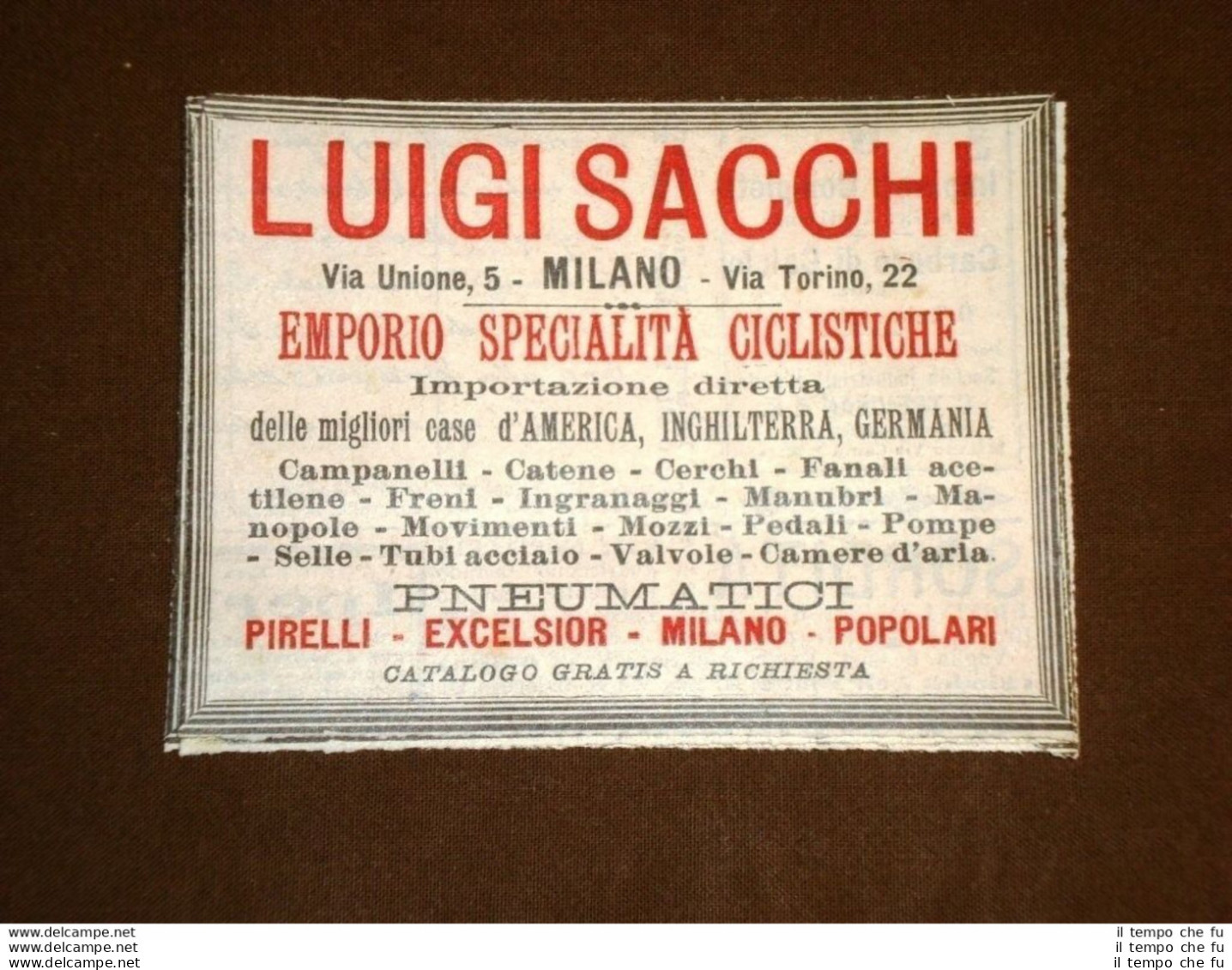 Pubblicità Del 1901 Emporio Specialità Ciclistiche Luigi Sacchi Ciclismo - Sonstige & Ohne Zuordnung