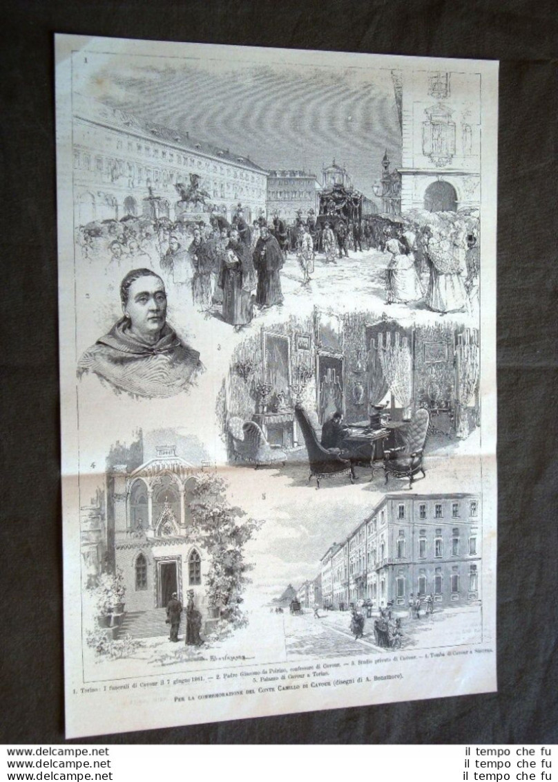 Stampa Commemorativa Conte Cavour Del 1886 Funerale Padre Poirino Studio Tomba - Before 1900