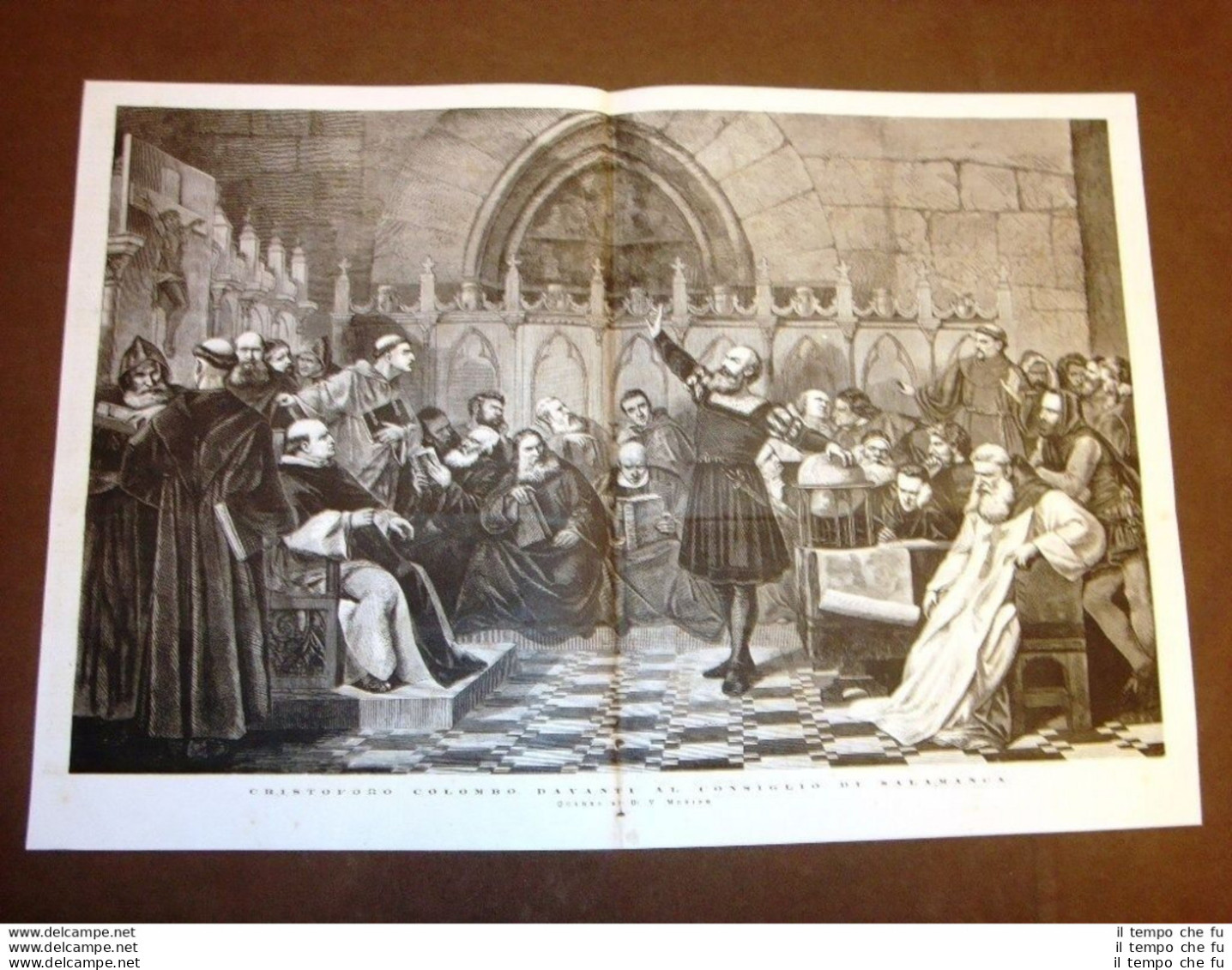 Incisione Enorme Cristoforo Colombo Innanzi Al Consiglio Di Salamanca V. Merino - Vor 1900