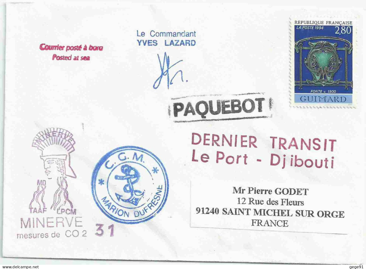 YT 2855 Fonte De Guimard - Posté à Bord Du MD - Paquebot - Dernier Transit Le Port Djibouti - Briefe U. Dokumente