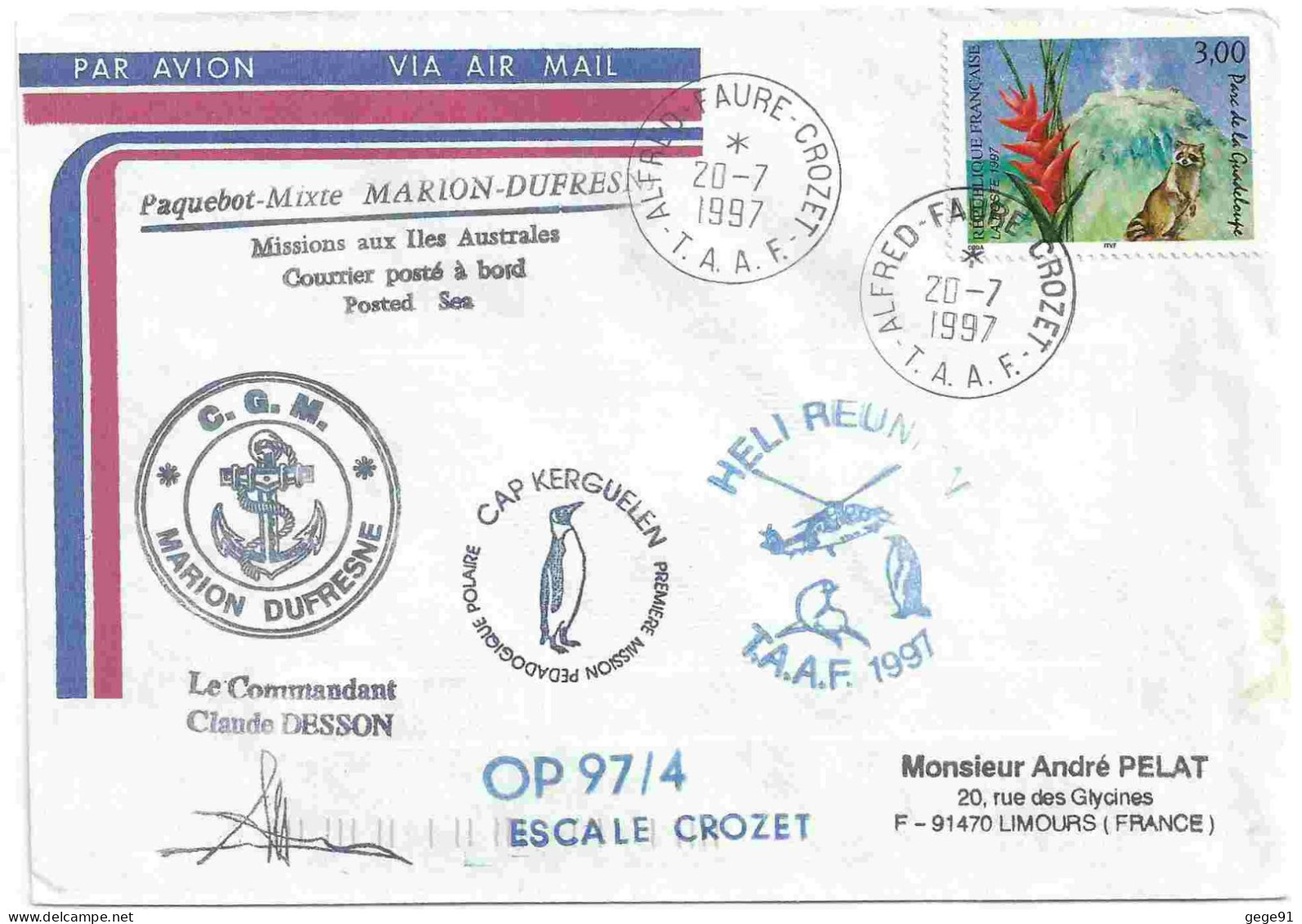 YT 3055 Parc De La Guadeloupe - Volcan - Posté à Bord Du MD - Héli Réunion - Alfred Faure Crozet - 20/07/1997 - Brieven En Documenten