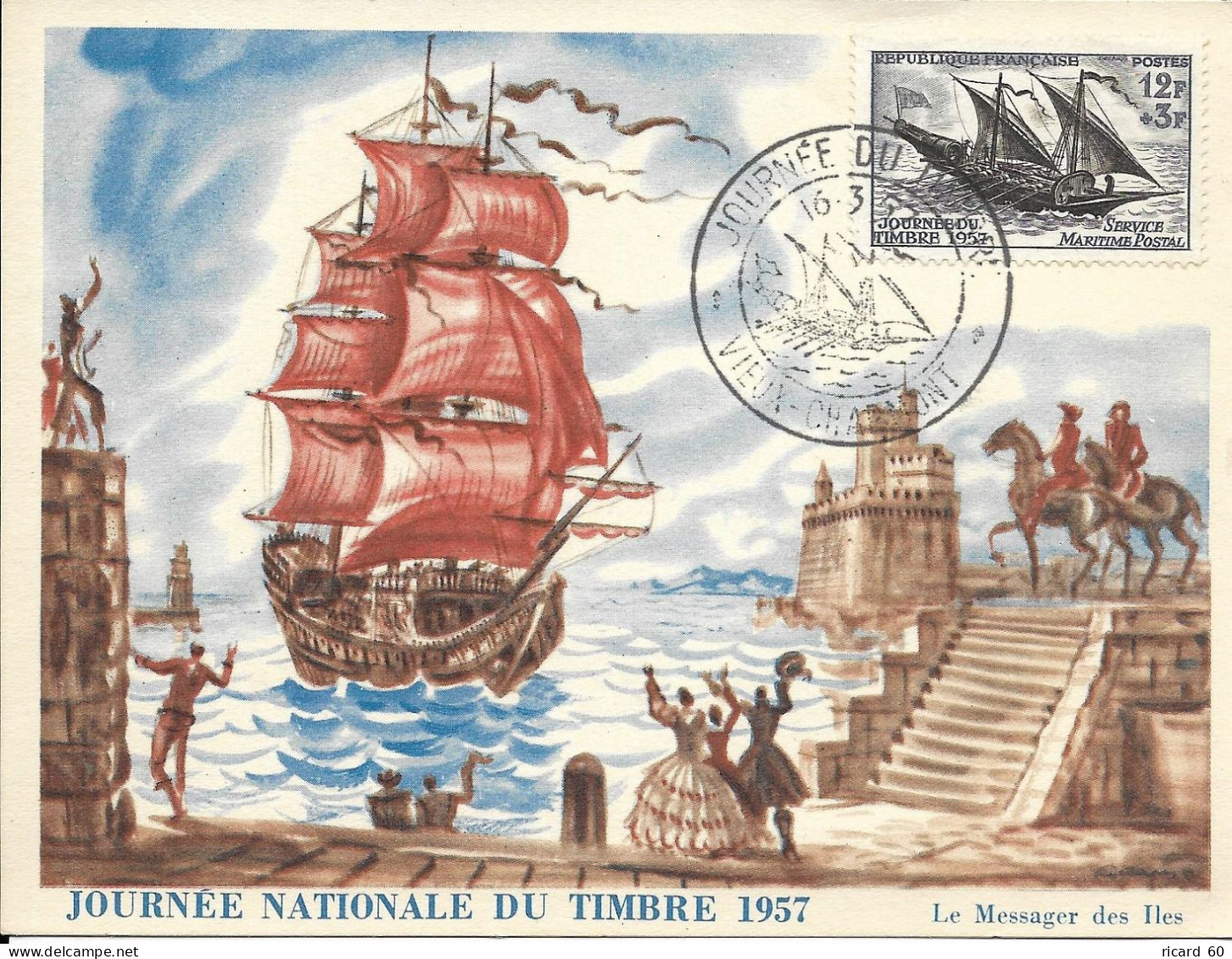 Carte Maximum Journée Du Timbre 1957  , N°1093 Yt, Le Messager Des îles, Voilier, 16/3/1957 Paris - 1950-1959