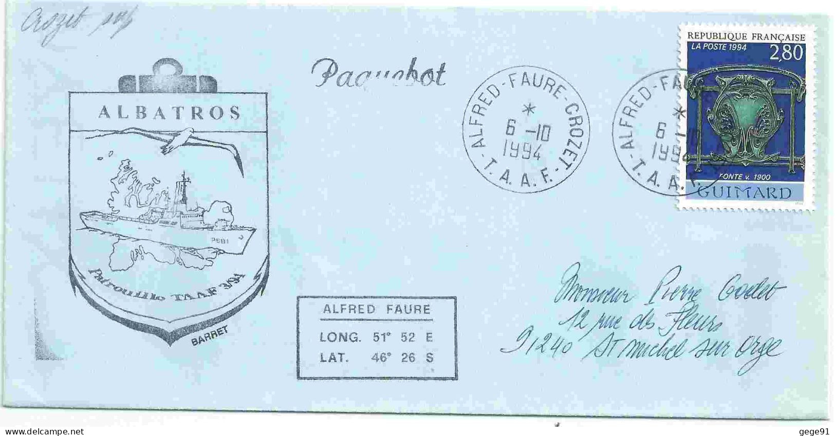 YT 2855 Fonte De Guimard - Posté à Bord De L'Albotros - Paquebot - Alfred Faure - Crozet - 06/10/1994 - Cartas & Documentos