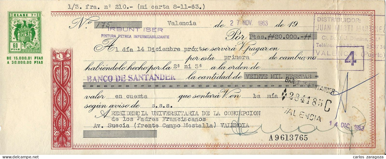 España 1963 LETRA DE CAMBIO — Timbre Fiscal 7ª Clase 60 Ptas. — Timbrología - Fiscali