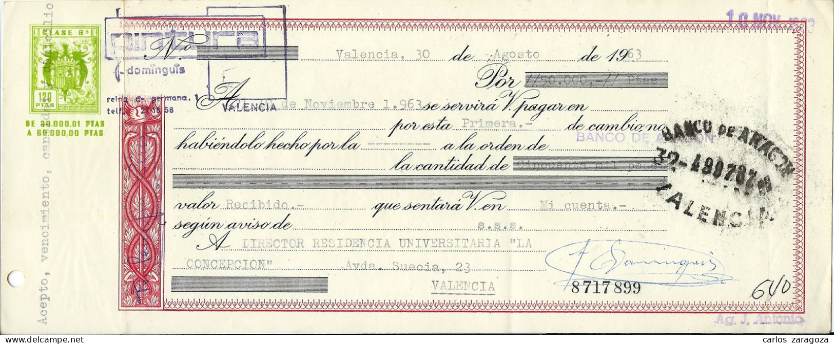 España 1963 LETRA DE CAMBIO — Timbre Fiscal 8ª Clase 120 Ptas. — Timbrología - Revenue Stamps