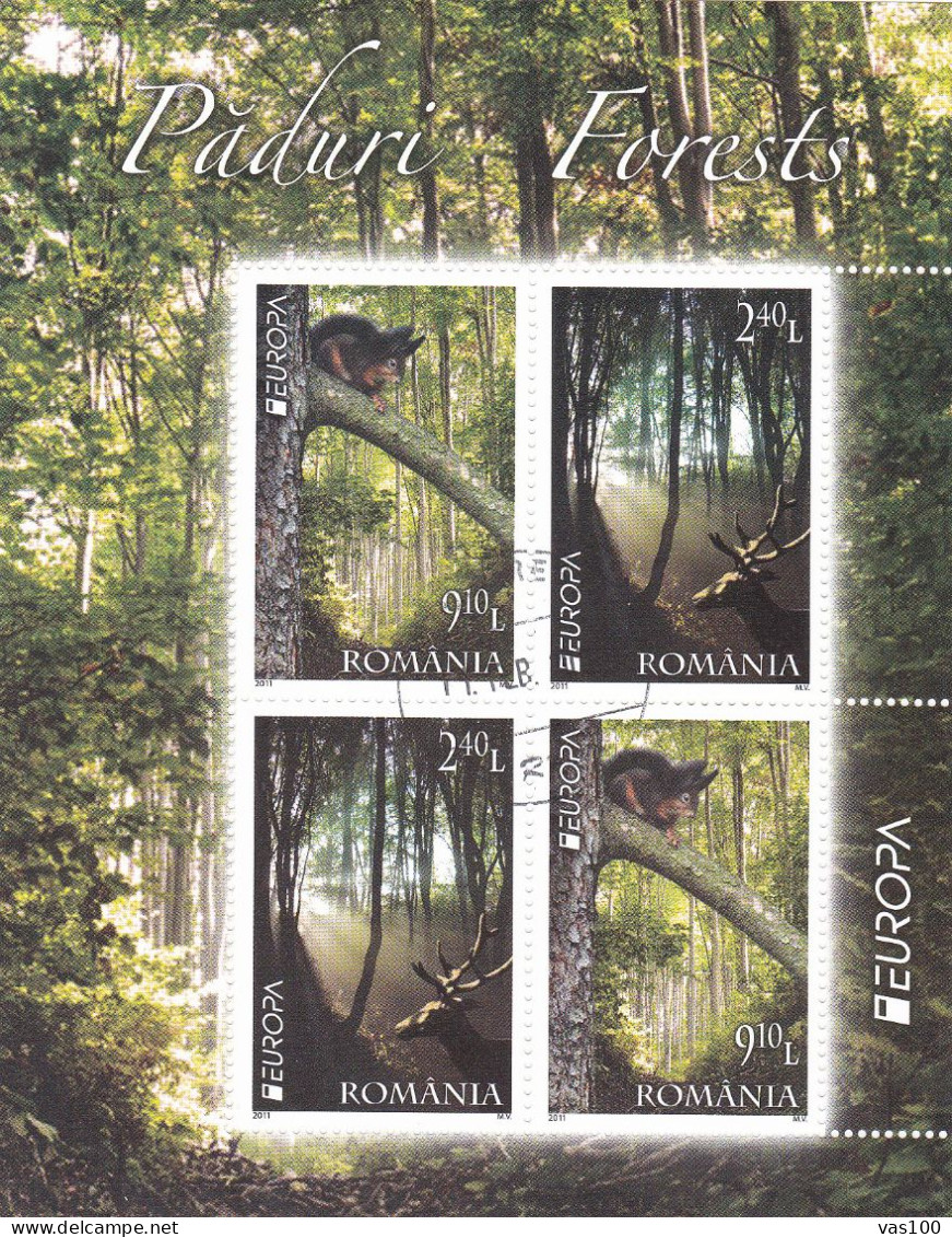 Romania, 2011 CTO, Mi. Bl. Nr. 500, Europa, Red Deer (Cervus Elaphus), Red Squirrel (Sciurus Vulgaris),MODEL 2 - 2011