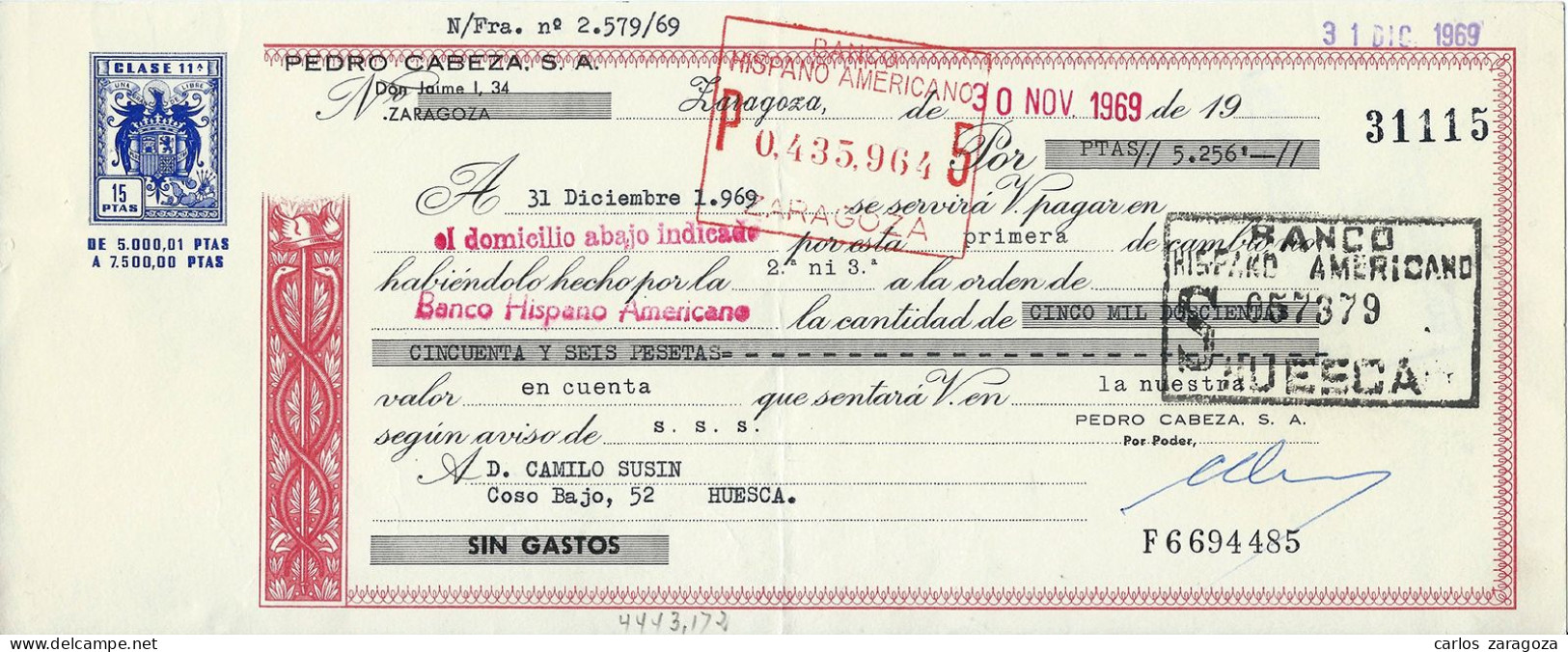 España 1969 LETRA DE CAMBIO — Timbre Fiscal 11ª Clase 15 Ptas. — Timbrología - Fiscaux