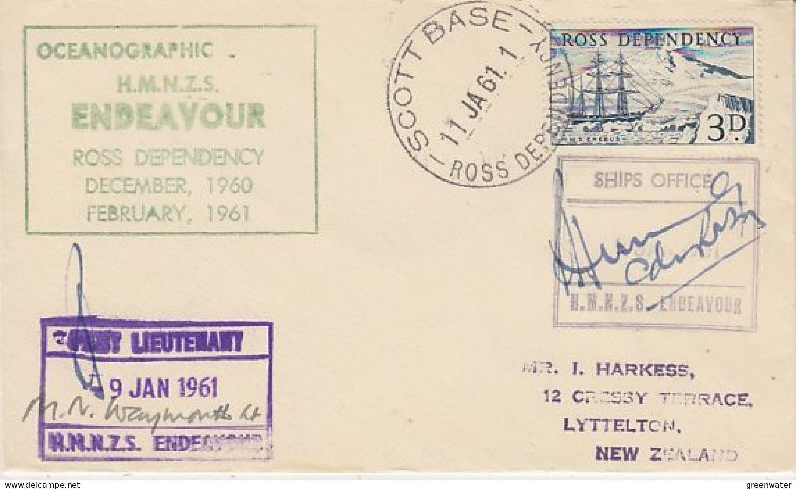 Ross Dependency HMNZS Endeavour 2 Signatures Ca Scott Base 11 JA 1961 (RO212) - Covers & Documents