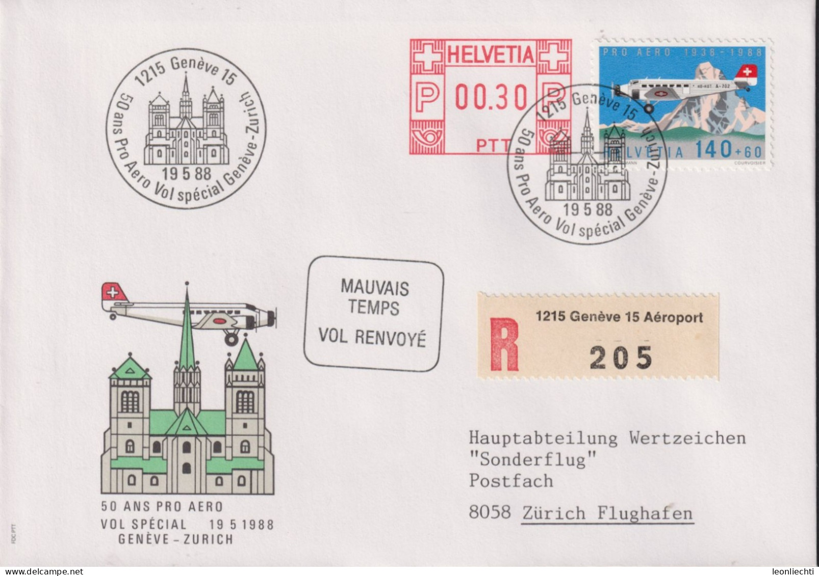 PRO AERO 1988"R". Mi: 1369°+ ATM 00,30. Stempel: 1215 Genève 19.5.88. 50 Ans Pro Aero Vol Spécial Genève-Zürich - First Flight Covers