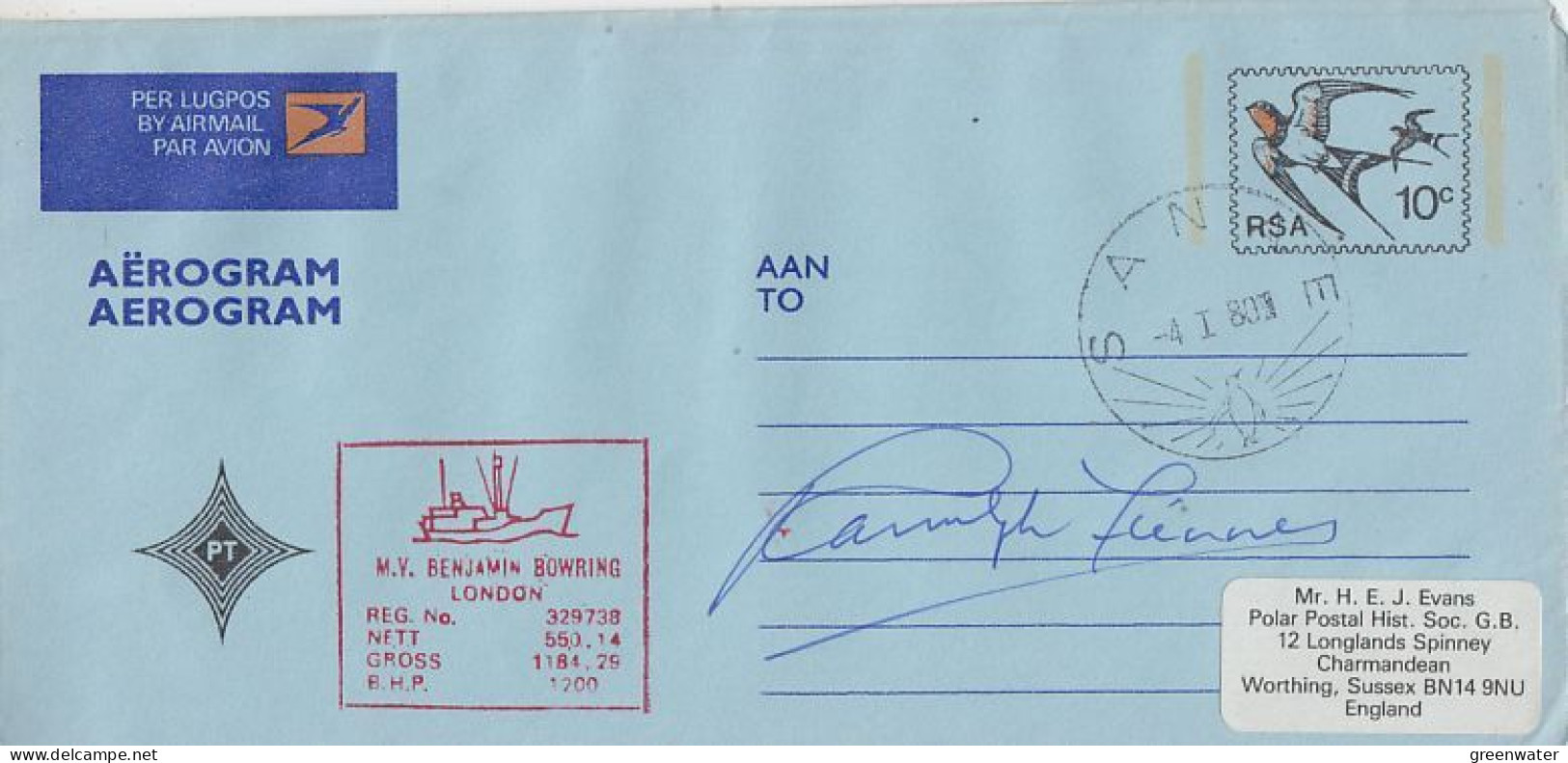 South Africa Sanae Aerogramme Ca MV Benjamin Bowring Ca Sanae 4.1.1980  (RO213) - Research Stations