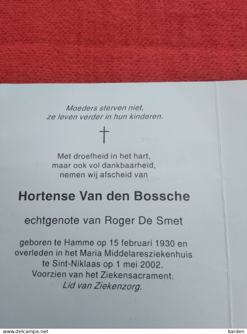 Doodsprentje Hortense Van Den Bossche / Hamme 15/2/1930 Sint Niklaas 1/5/2002 ( Roger De Smet ) - Religion & Esotérisme