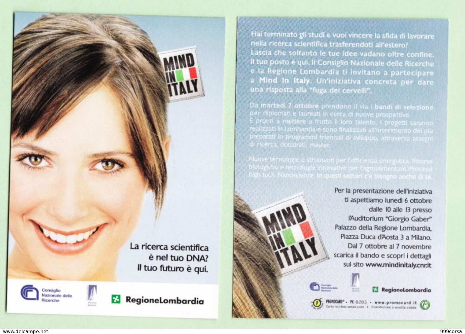 (B5) Mind In Italy, CNR Consiglio Nazionale Ricerche, Reg. Lombardia, Promocard 8283 (1 Cart. F-r) - Publicité