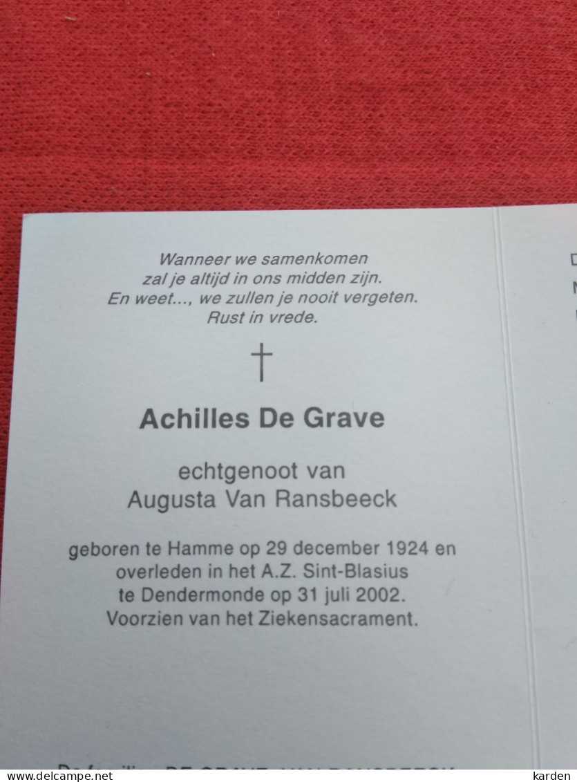 Doodsprentje Achilles De Grave / Hamme 29/12/1924 Dendermonde 31/7/2002 ( Augusta Van Ransbeeck ) - Religion & Esotérisme