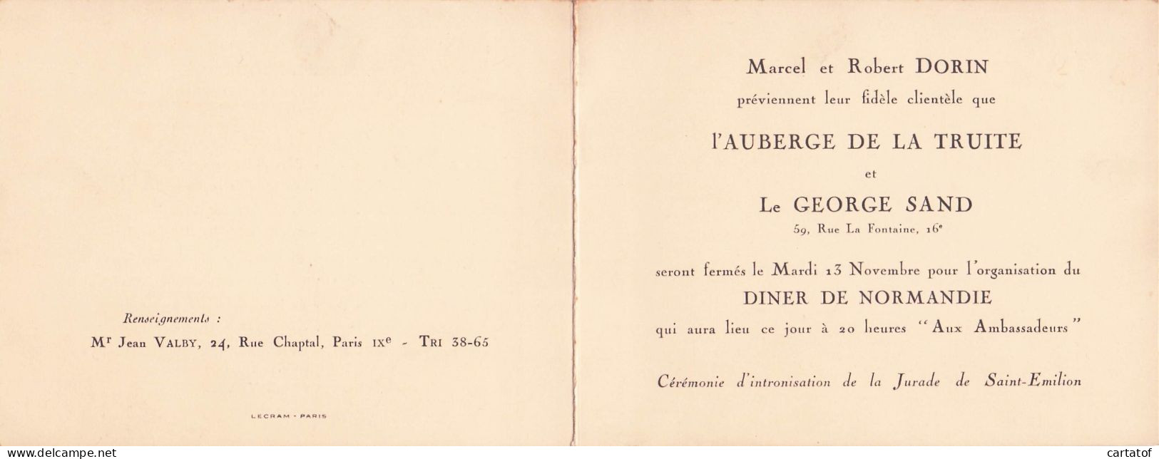 Marcel Et Robert DORIN AUBERGE DE LA TRUITE  DINER DE NORMANDIE - Hotelkarten