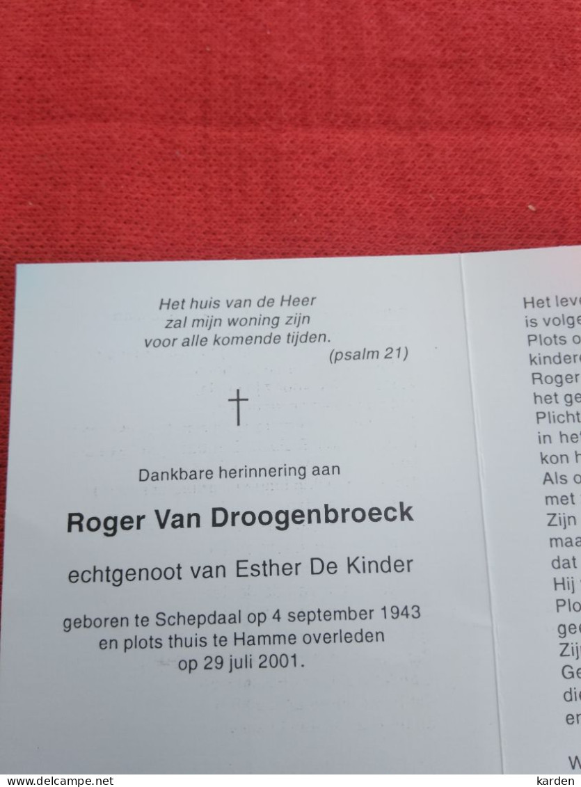 Doodsprentje Roger Van Droogenbroeck / Schepdaal 4/9/1943 Hamme 29/7/2001 ( Esther De Kinder ) - Godsdienst & Esoterisme