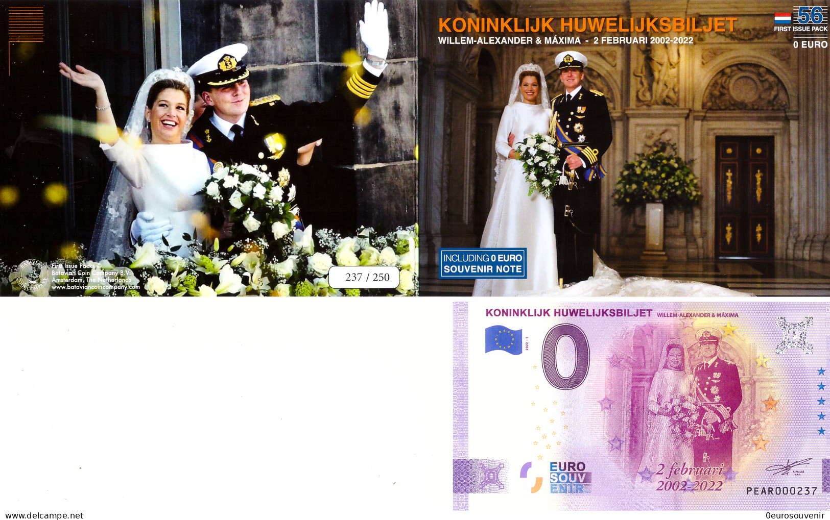 0-Euro PEAR 2022-1  KONINKLIJK HUWELIJKSBILJET - WILLEM-ALEXANDER & MAXIMA First Issue Pack No. Nur Bis #250 ! - Privatentwürfe