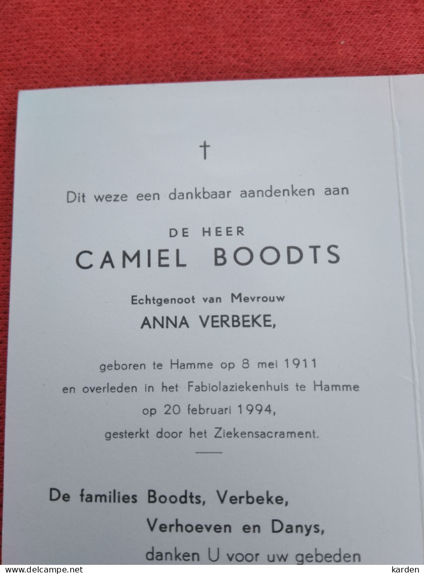 Doodsprentje Camiel Boodts / Hamme 8/5/1911 - 20/2/1994 ( Anna Verbeke ) - Godsdienst & Esoterisme